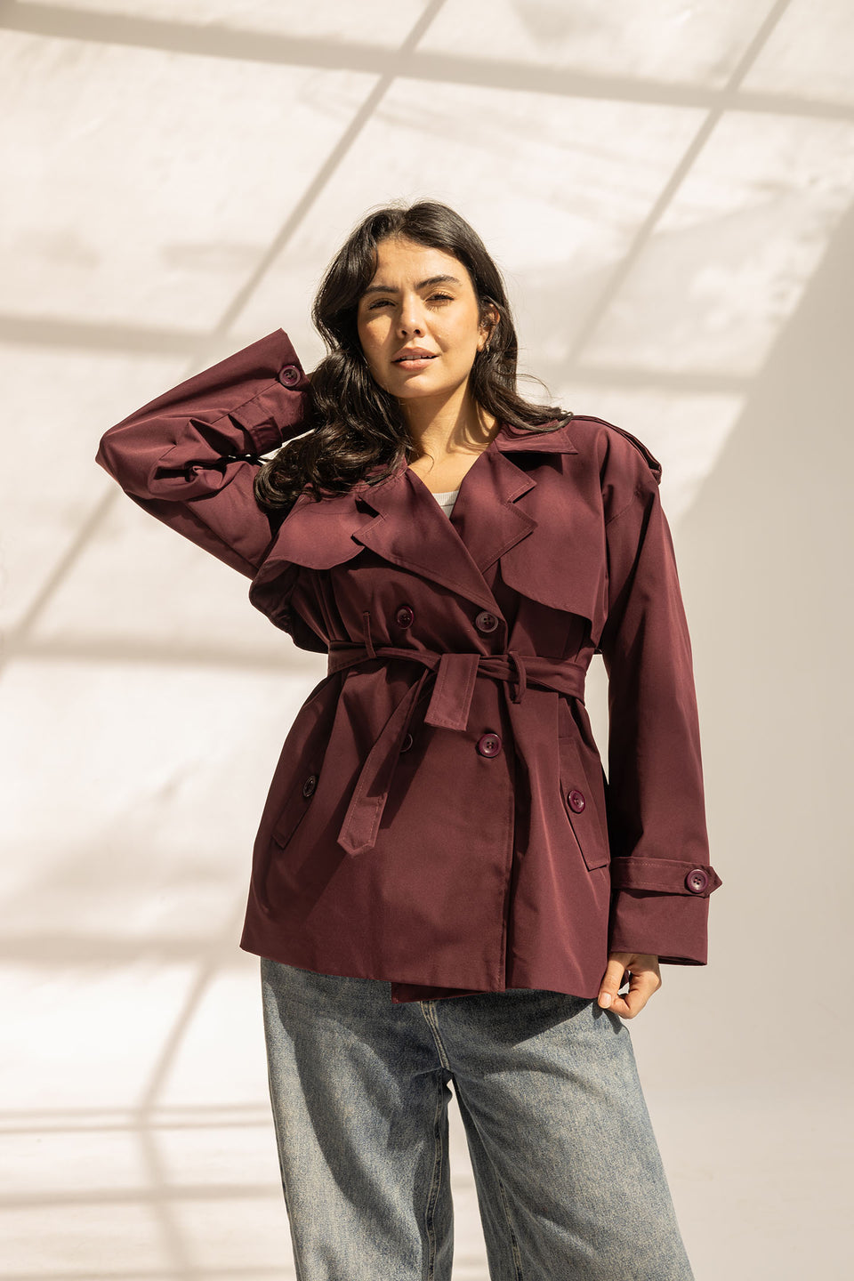 Burgundy Short Trench Coat with Belt