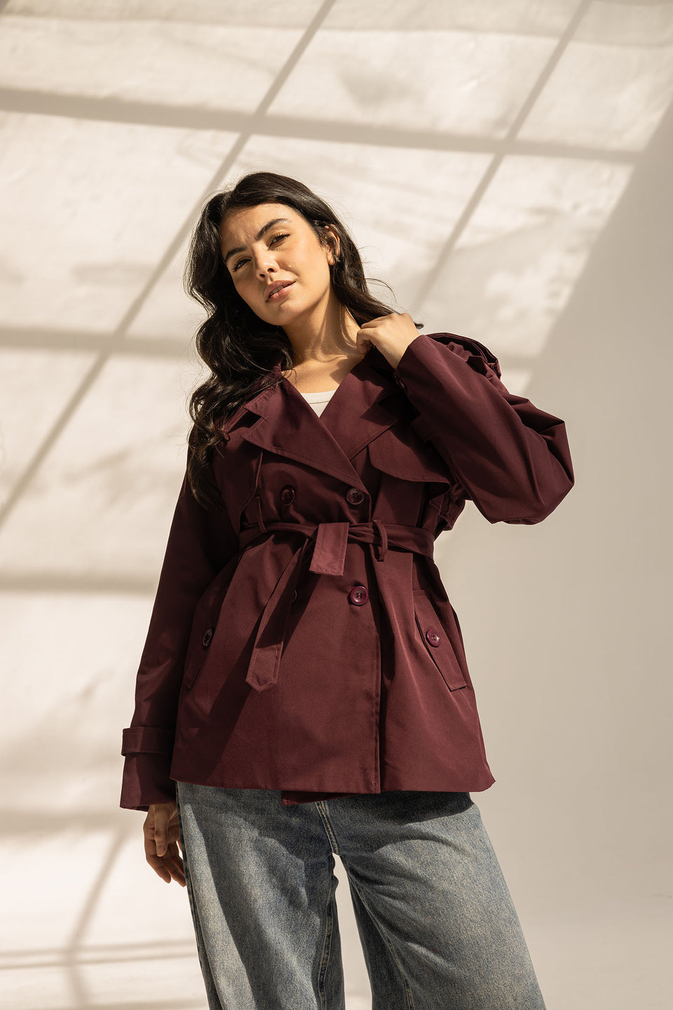 Burgundy Short Trench Coat with Belt