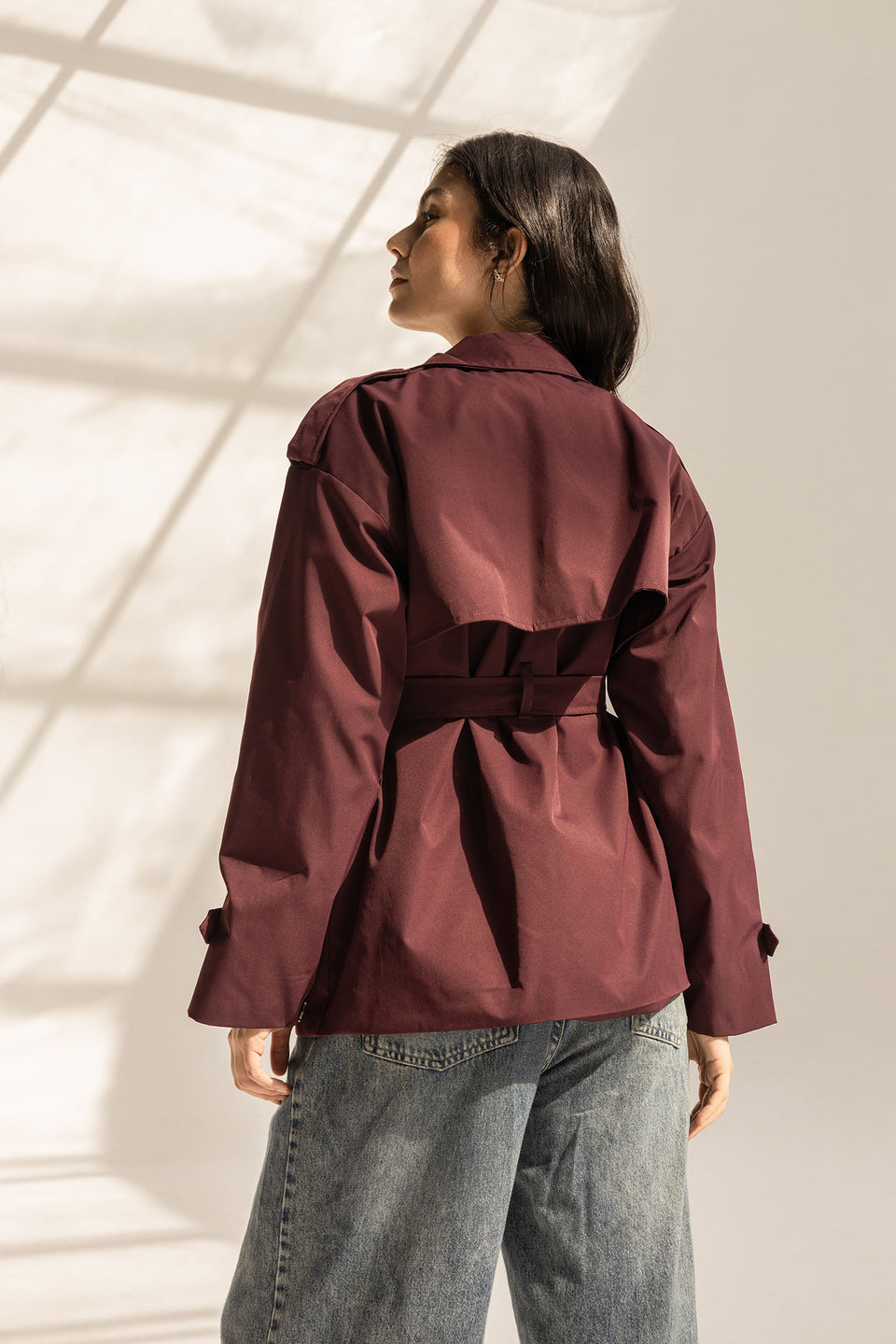 Burgundy Short Trench Coat with Belt