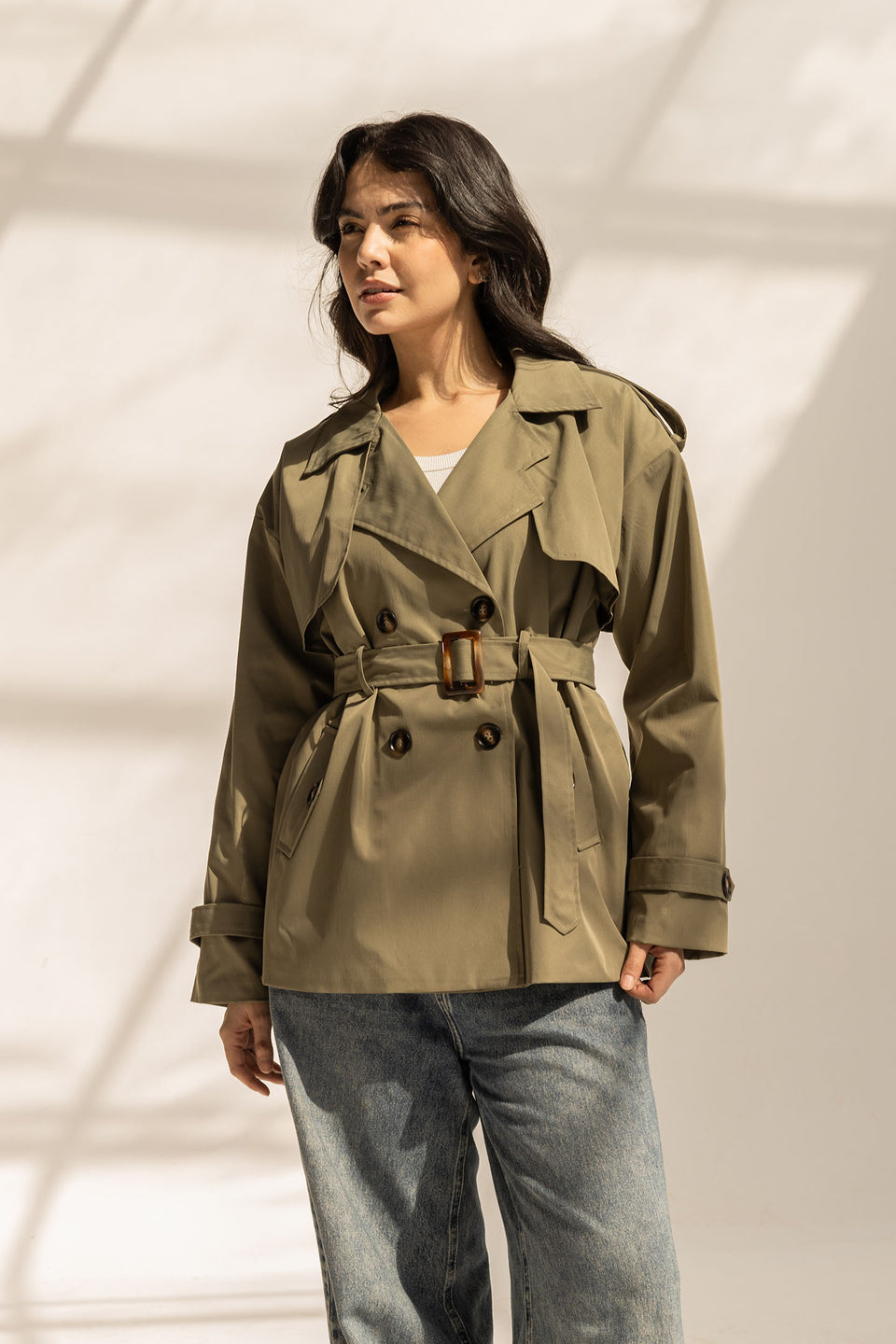 Olive Short Trench Coat with Belt