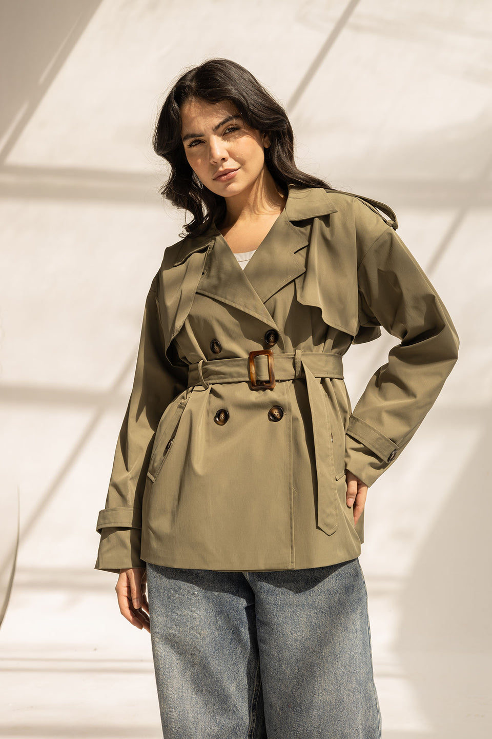 Olive Short Trench Coat with Belt