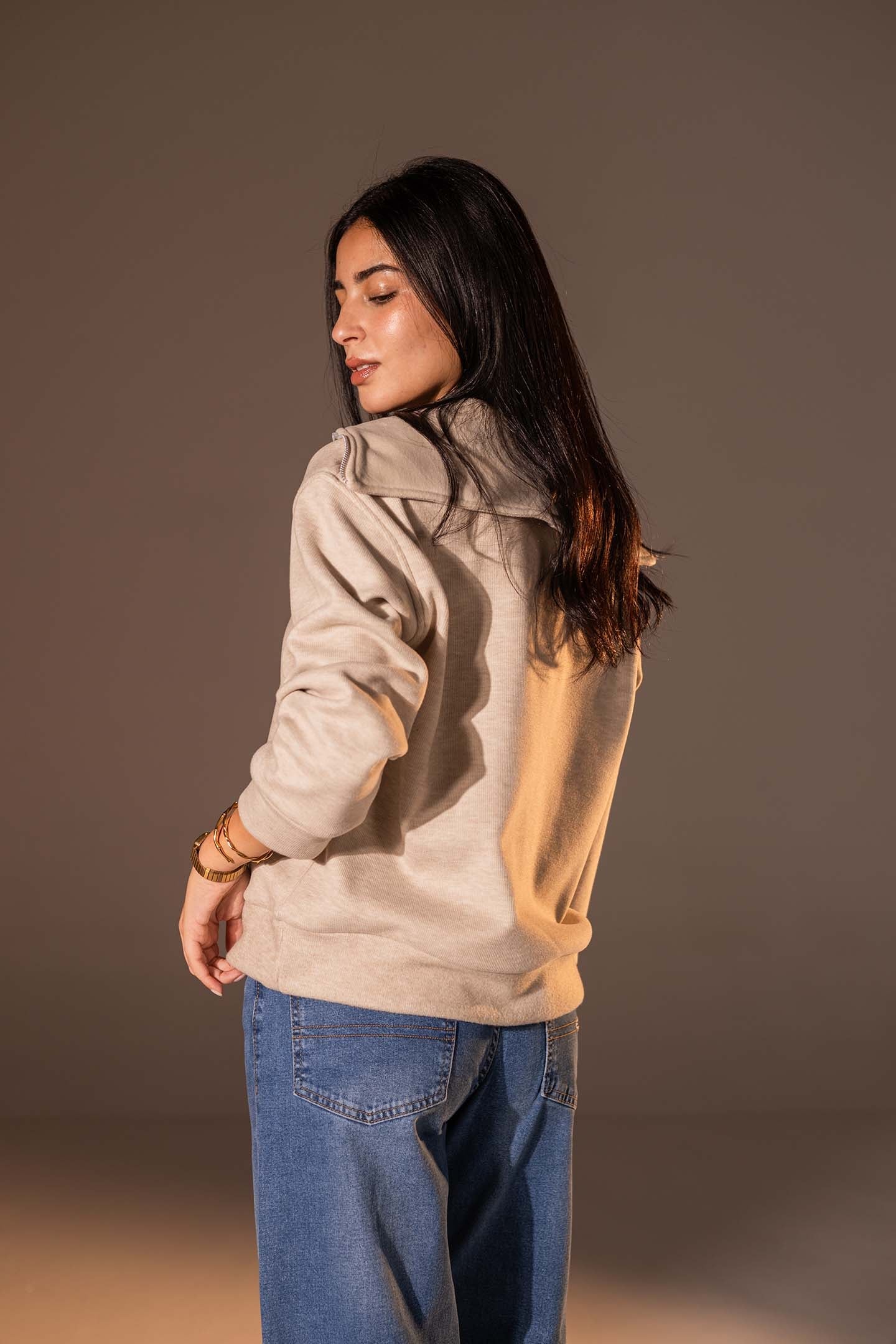 Beige Half-Zip Knit Sweater