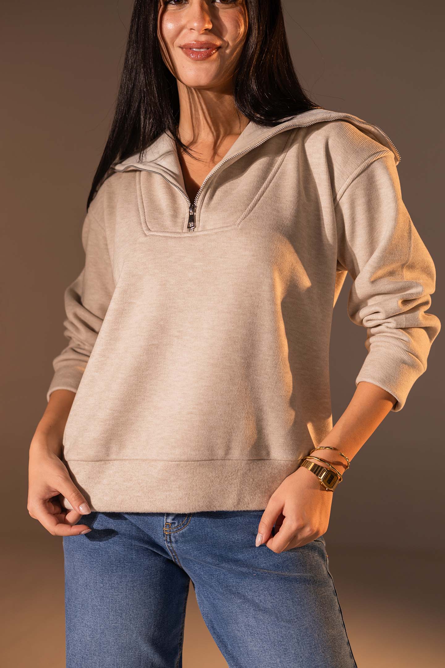 Beige Half-Zip Knit Sweater