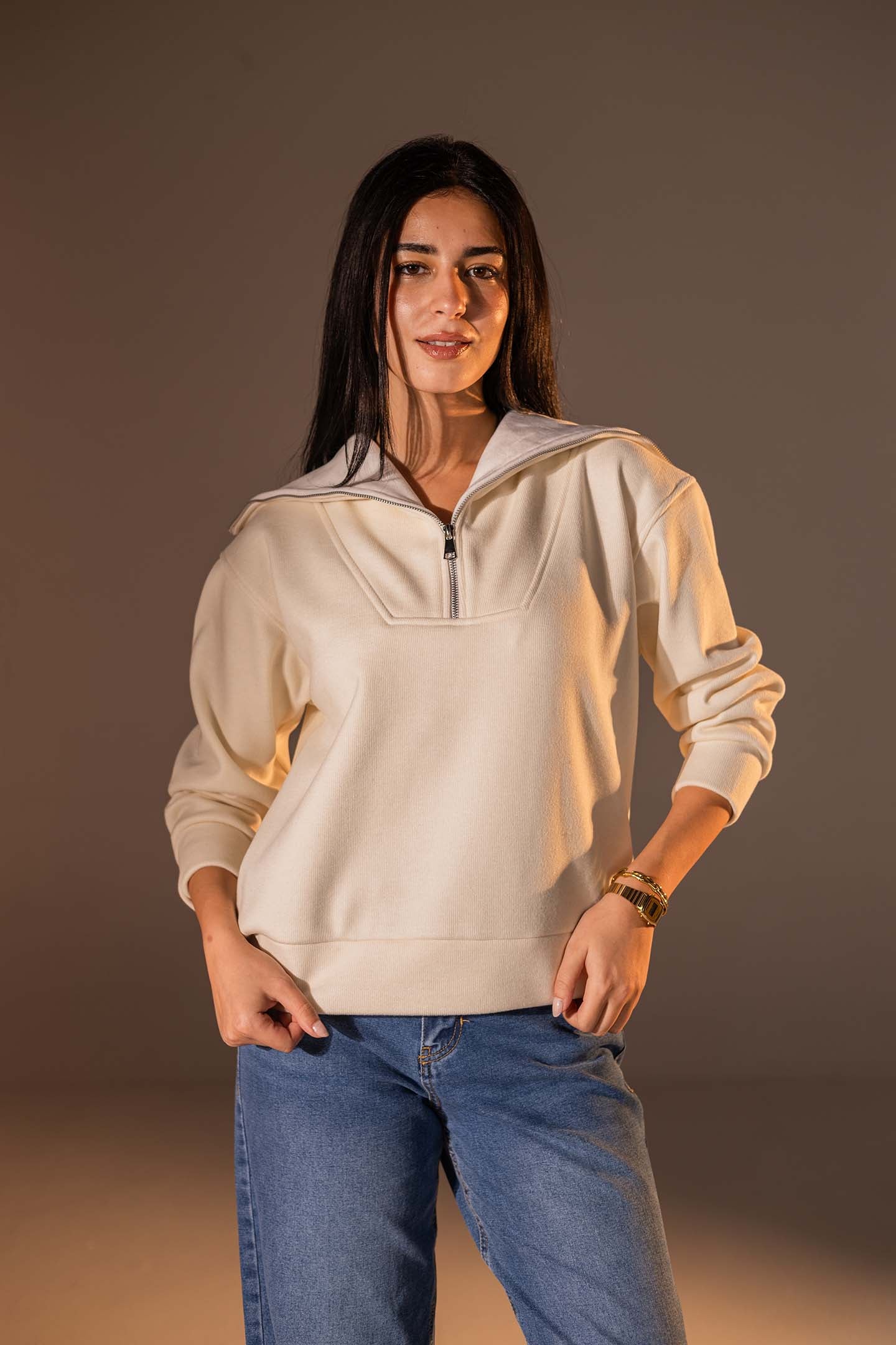 Off White Half-Zip Knit Sweater