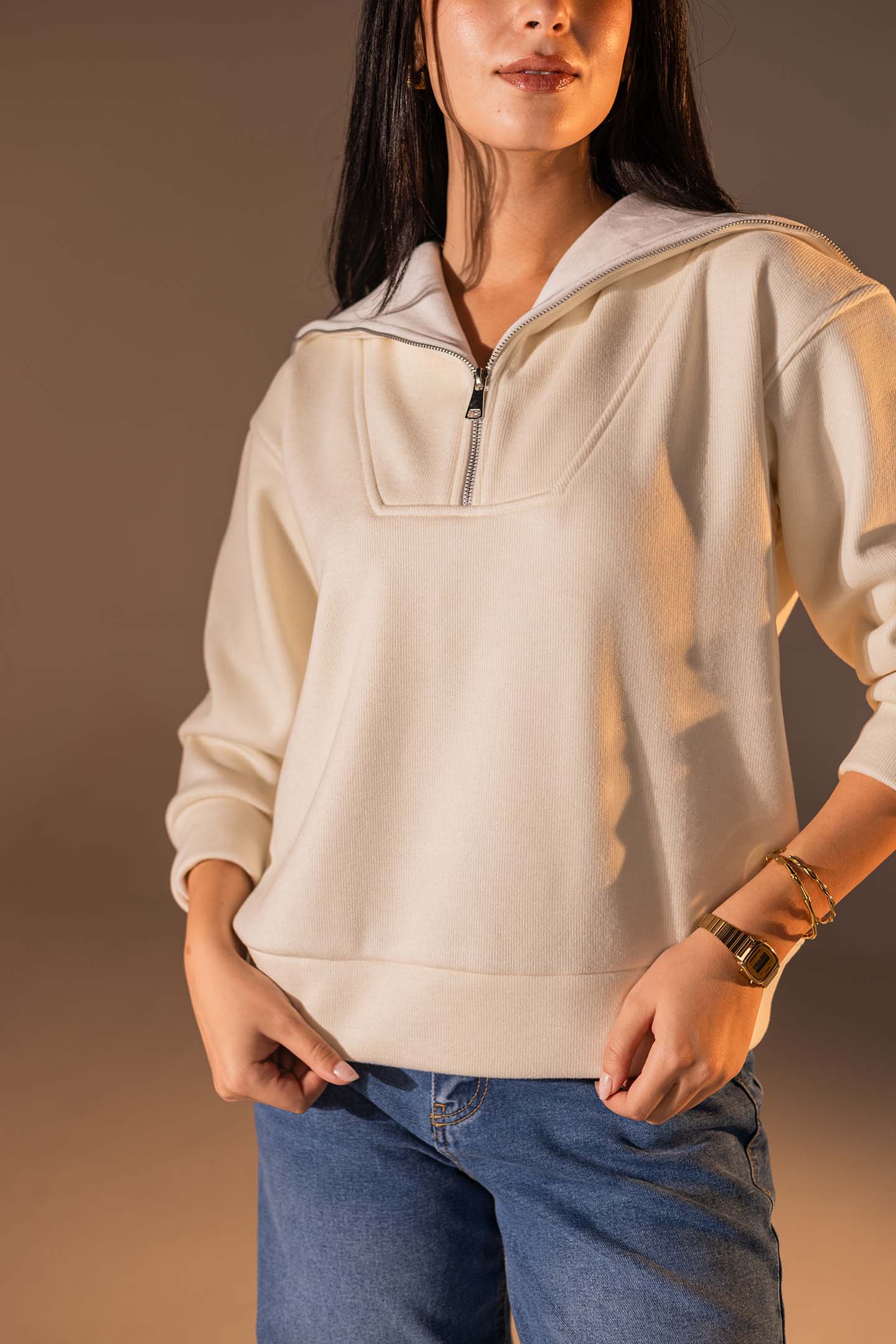 Off White Half-Zip Knit Sweater