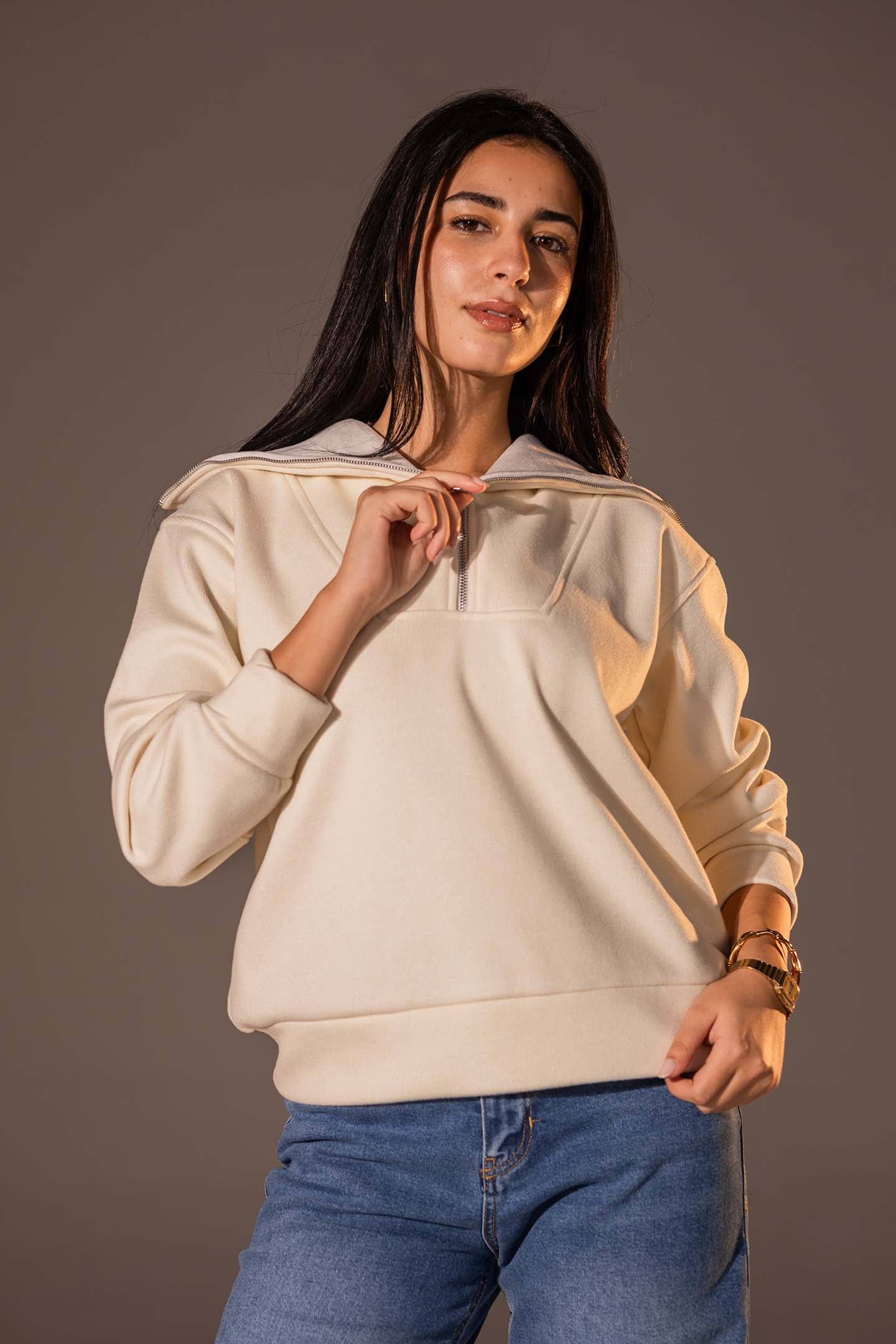 Off White Half-Zip Knit Sweater