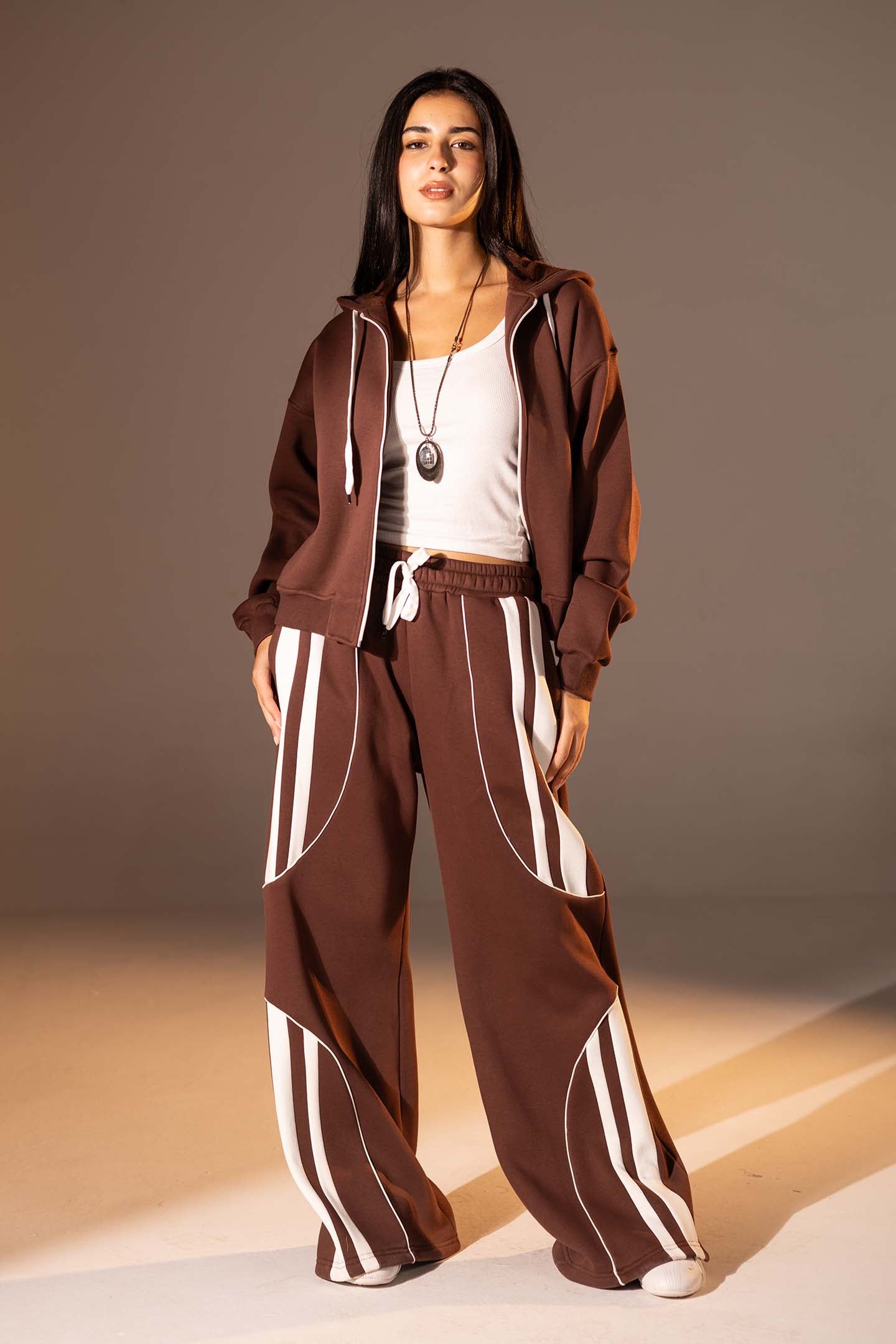 Brown Wide-Leg Set with White Curved Stripes