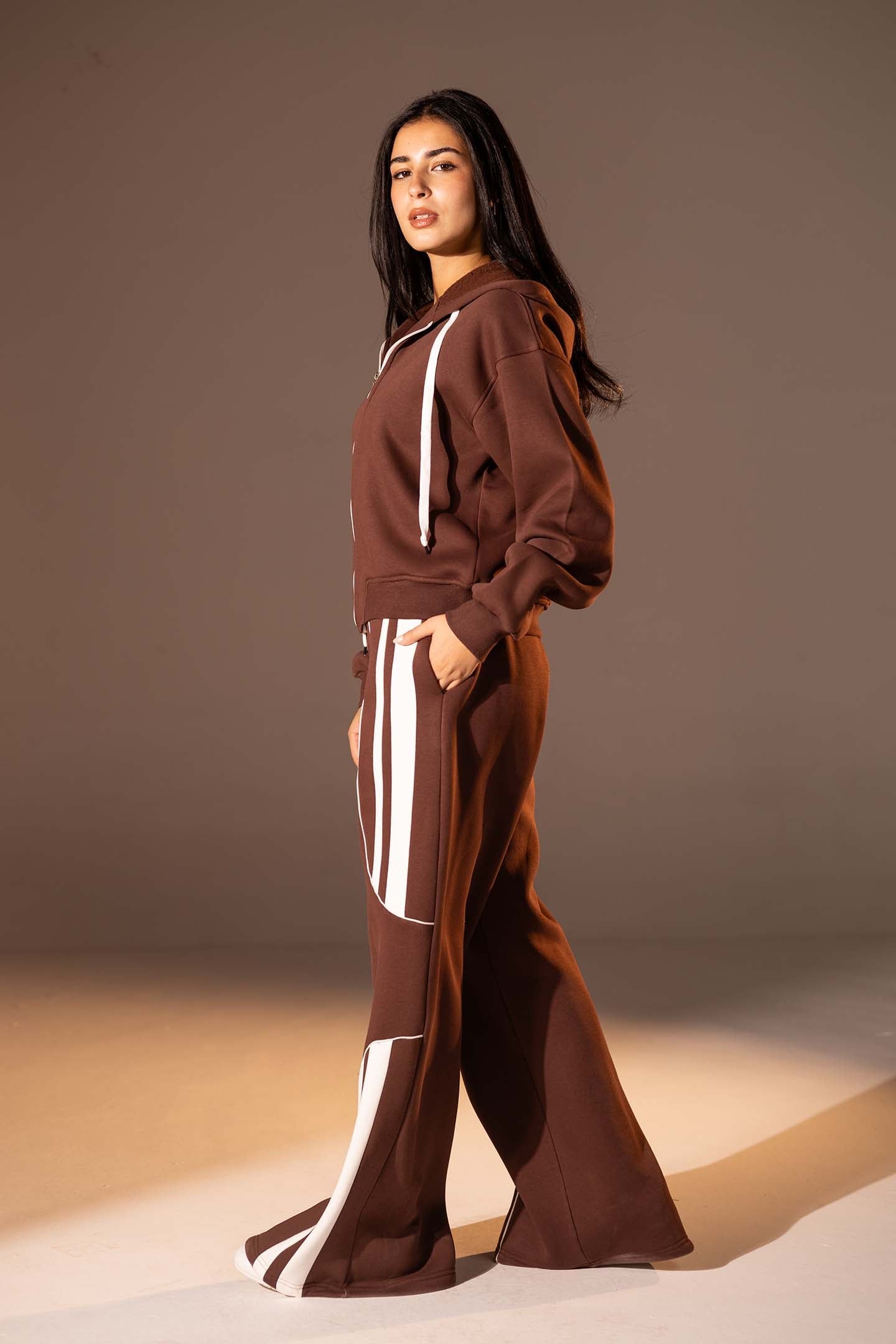 Brown Wide-Leg Set with White Curved Stripes