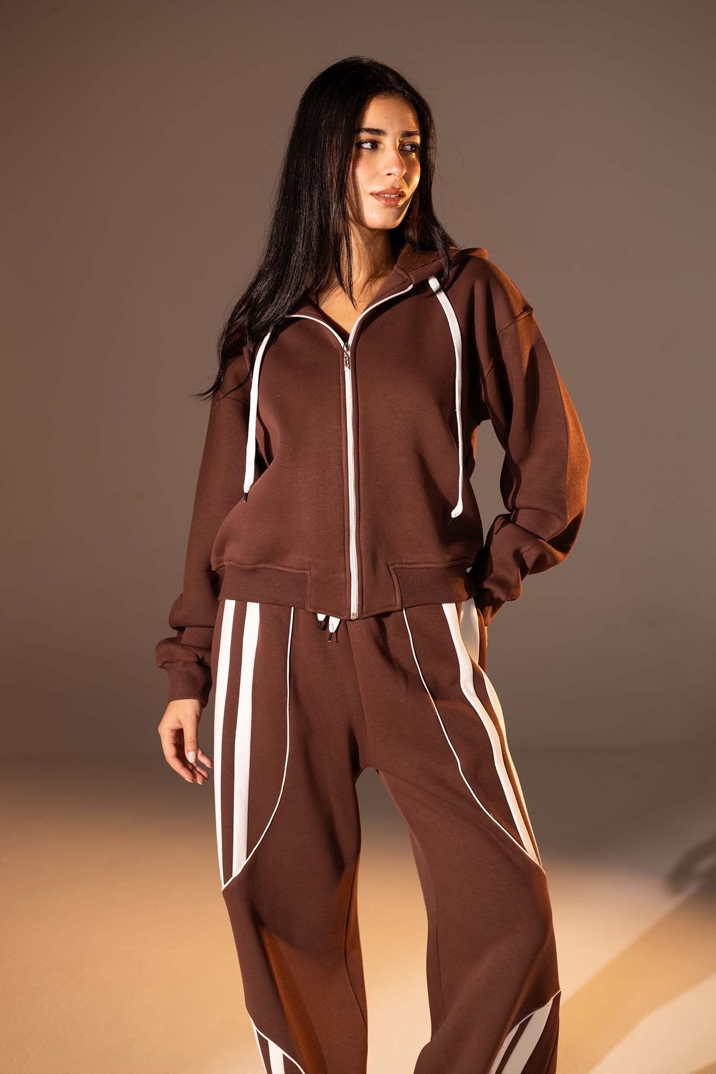 Brown Wide-Leg Set with White Curved Stripes