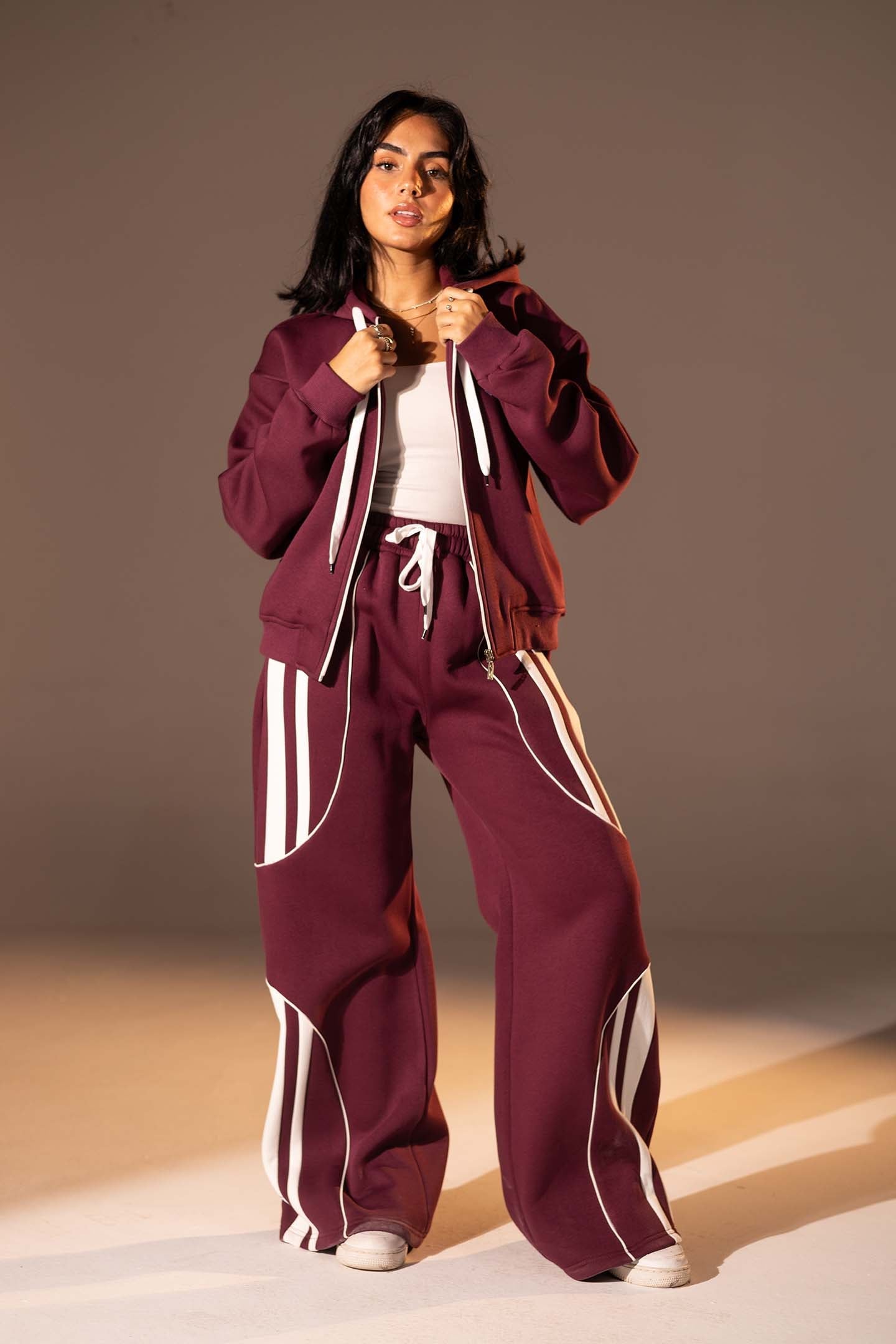 Burgundy Wide-Leg Set with White Curved Stripes