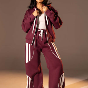 Burgundy Wide-Leg Set with White Curved Stripes