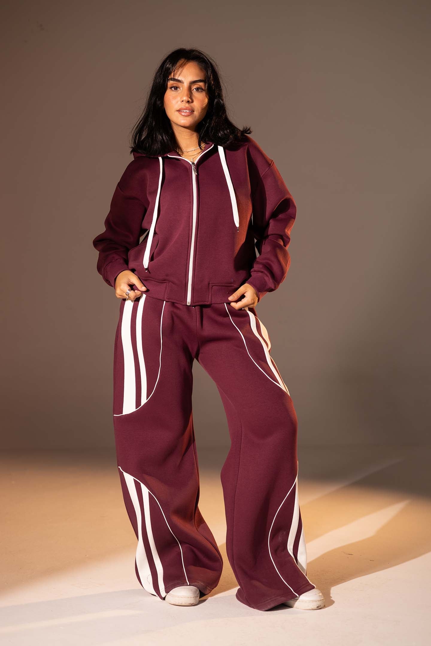 Burgundy Wide-Leg Set with White Curved Stripes