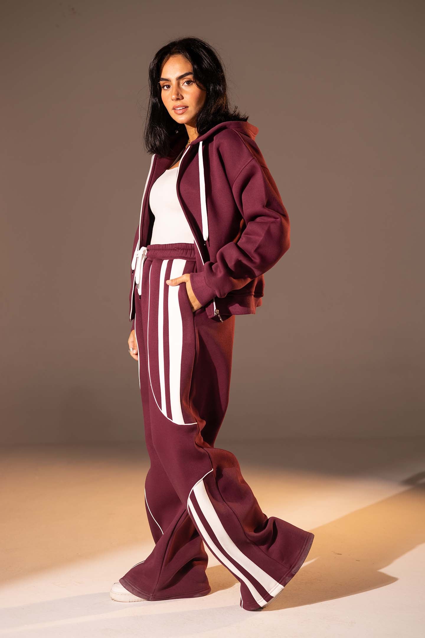 Burgundy Wide-Leg Set with White Curved Stripes
