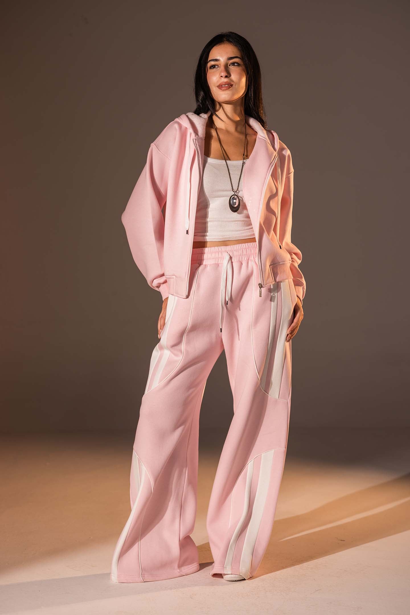 Rose Wide-Leg Set with White Curved Stripes