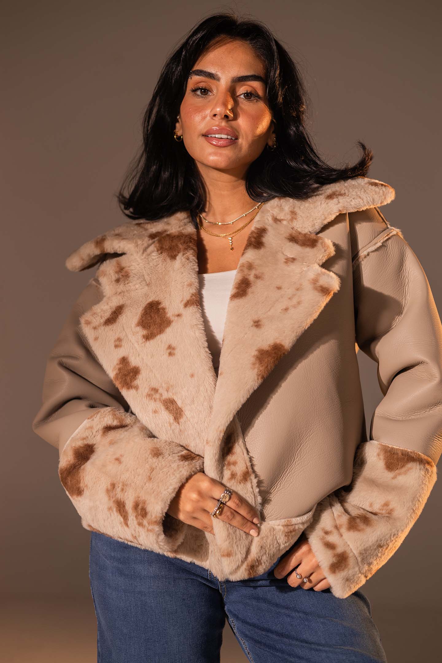 Beige Faux Leather Oversized Fur Jacket