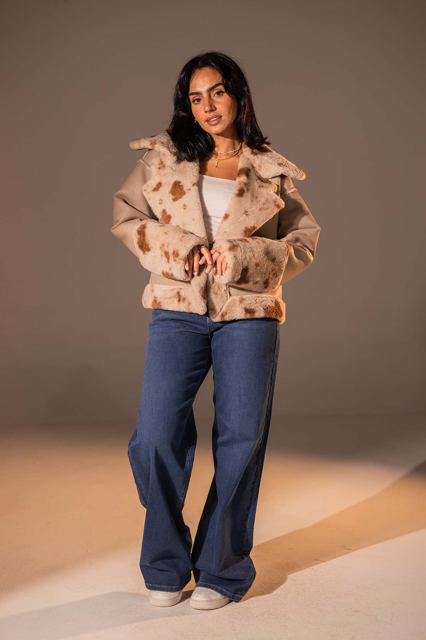 Beige Faux Leather Oversized Fur Jacket