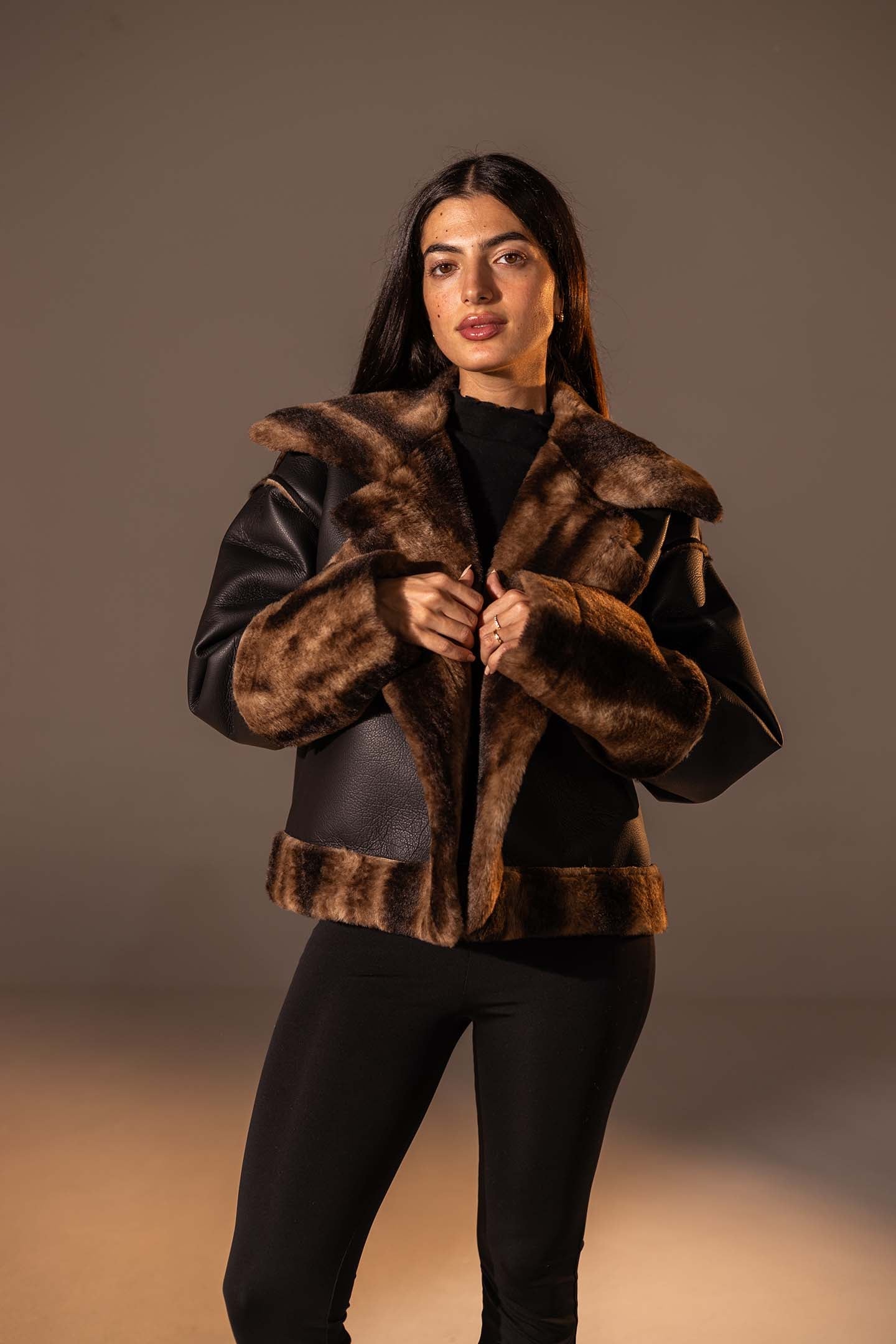 Black Faux Leather Oversized Fur Jacket