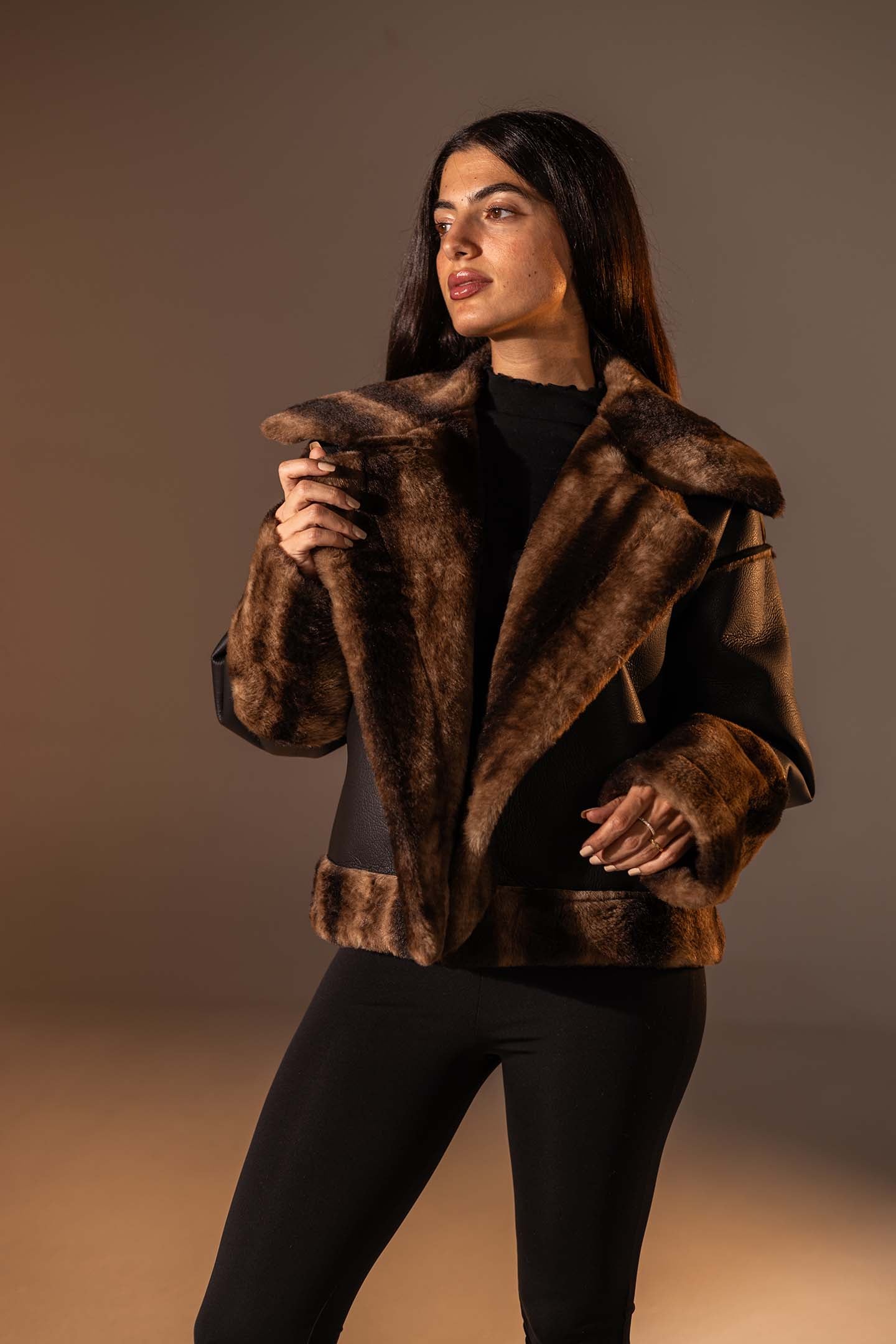 Black Faux Leather Oversized Fur Jacket