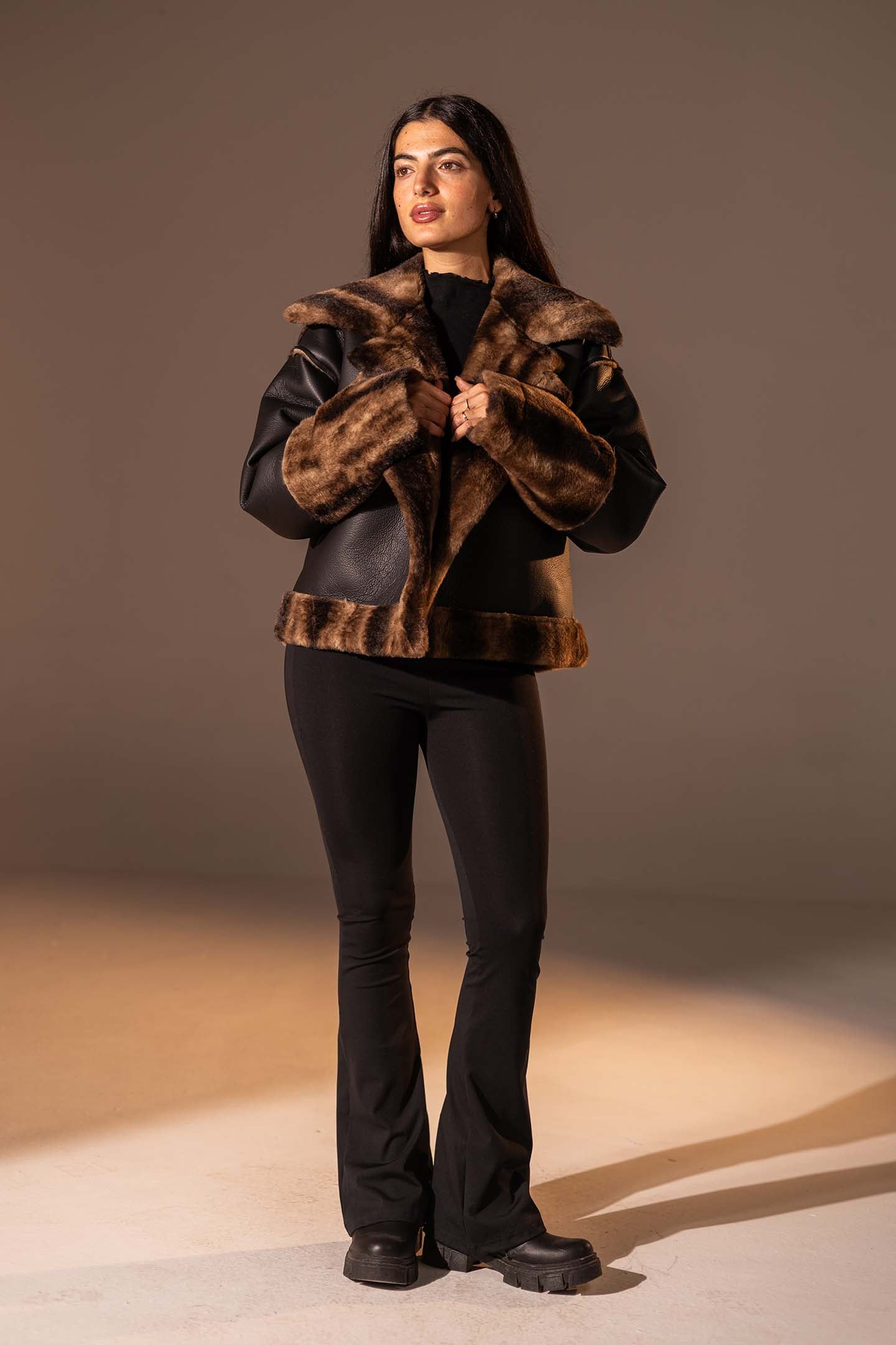 Black Faux Leather Oversized Fur Jacket