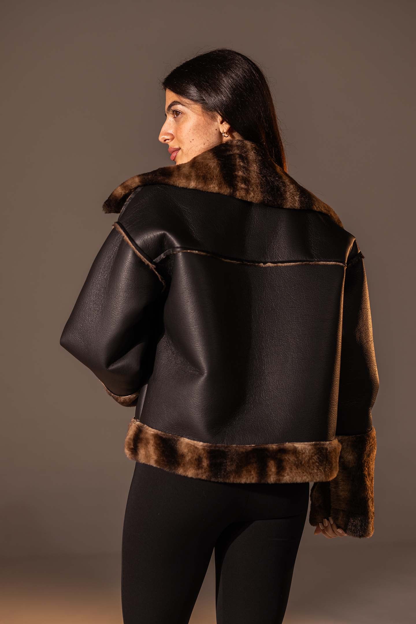 Black Faux Leather Oversized Fur Jacket