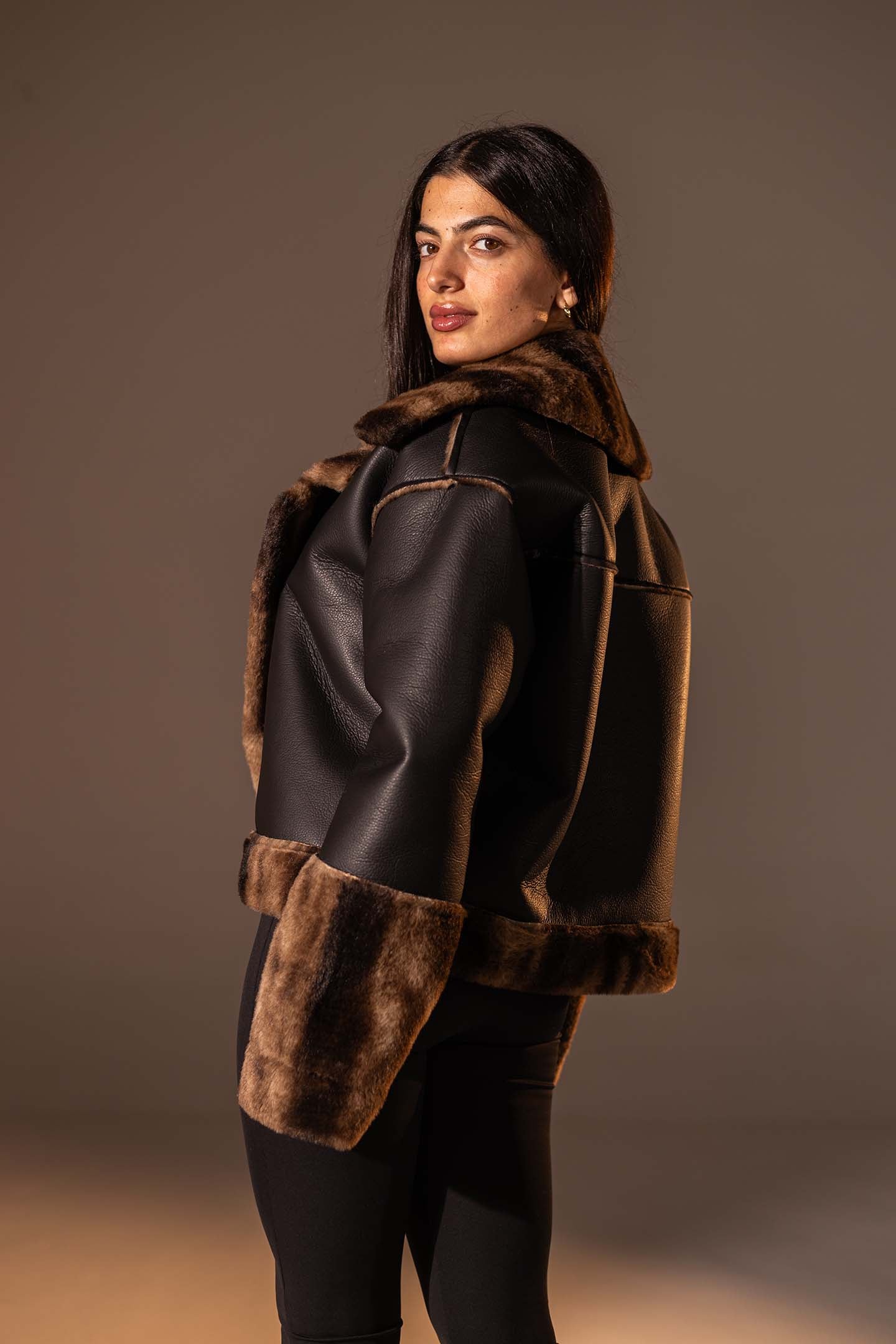 Black Faux Leather Oversized Fur Jacket