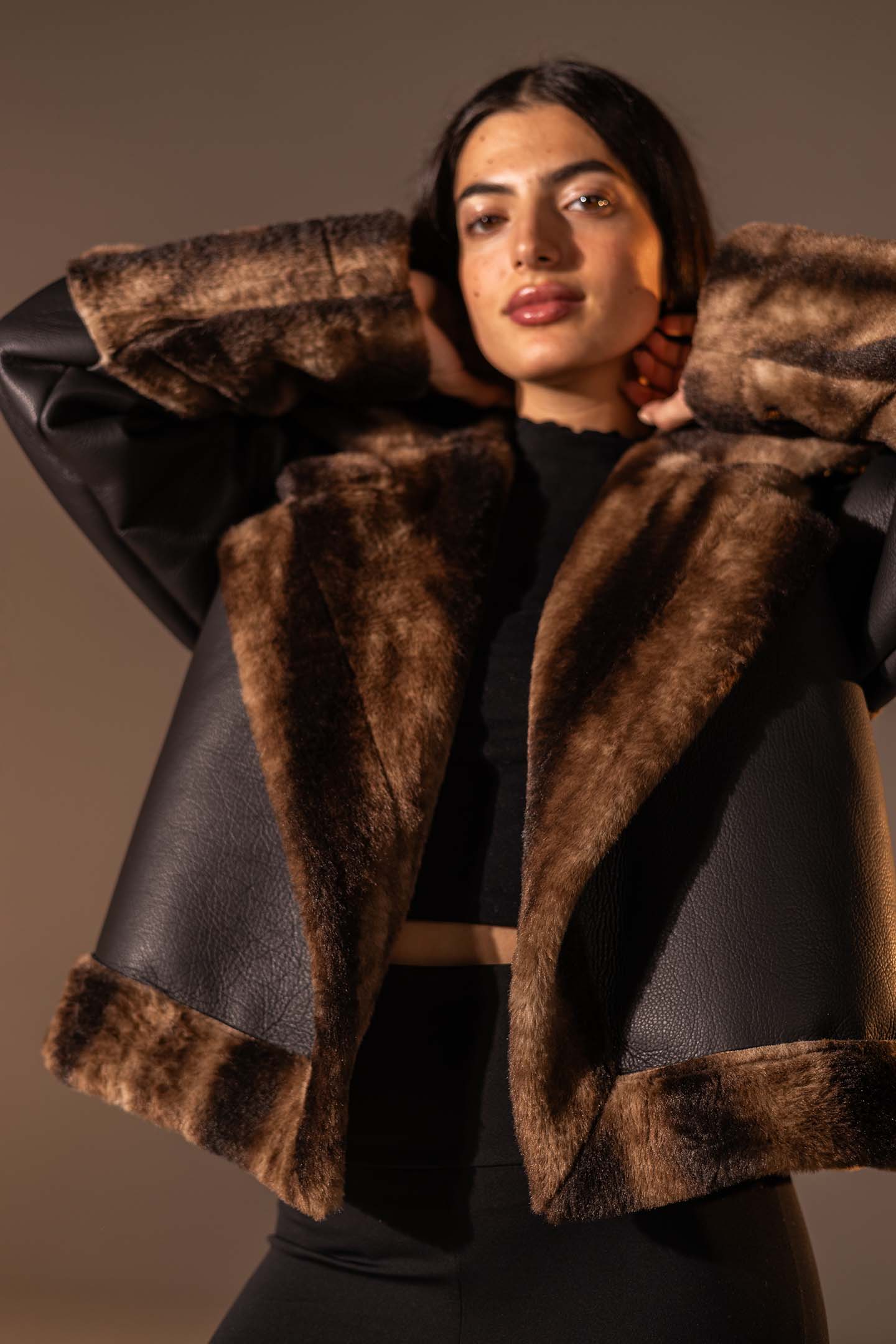 Black Faux Leather Oversized Fur Jacket