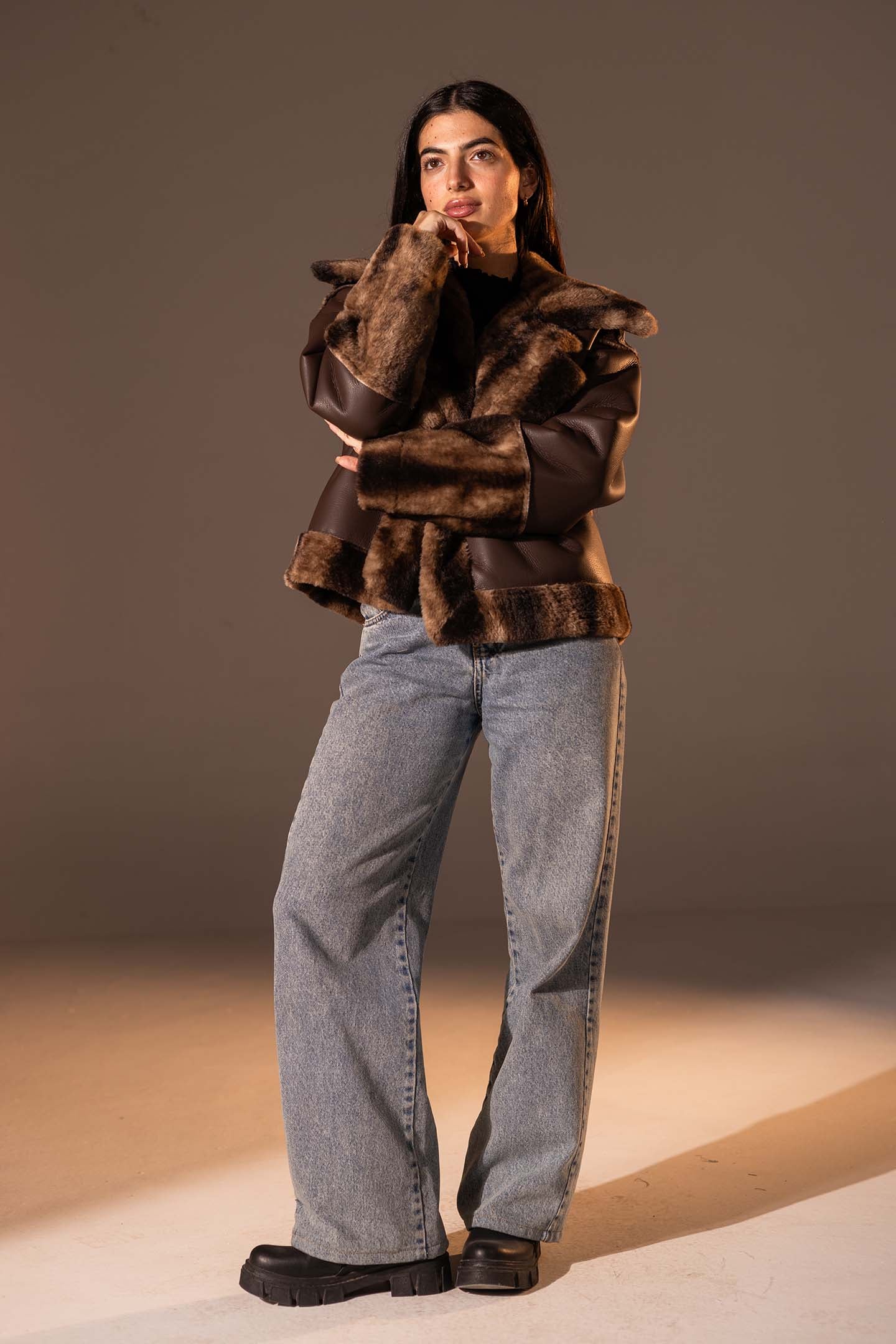 Brown Faux Leather Oversized Fur Jacket