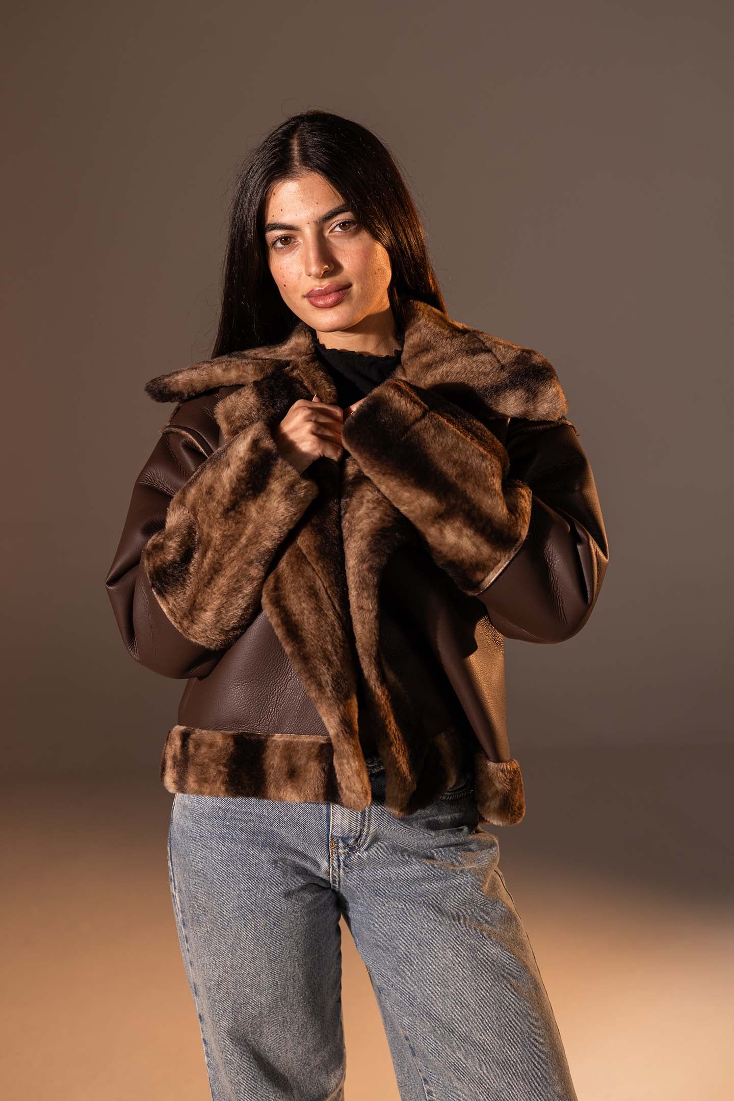 Brown Faux Leather Oversized Fur Jacket