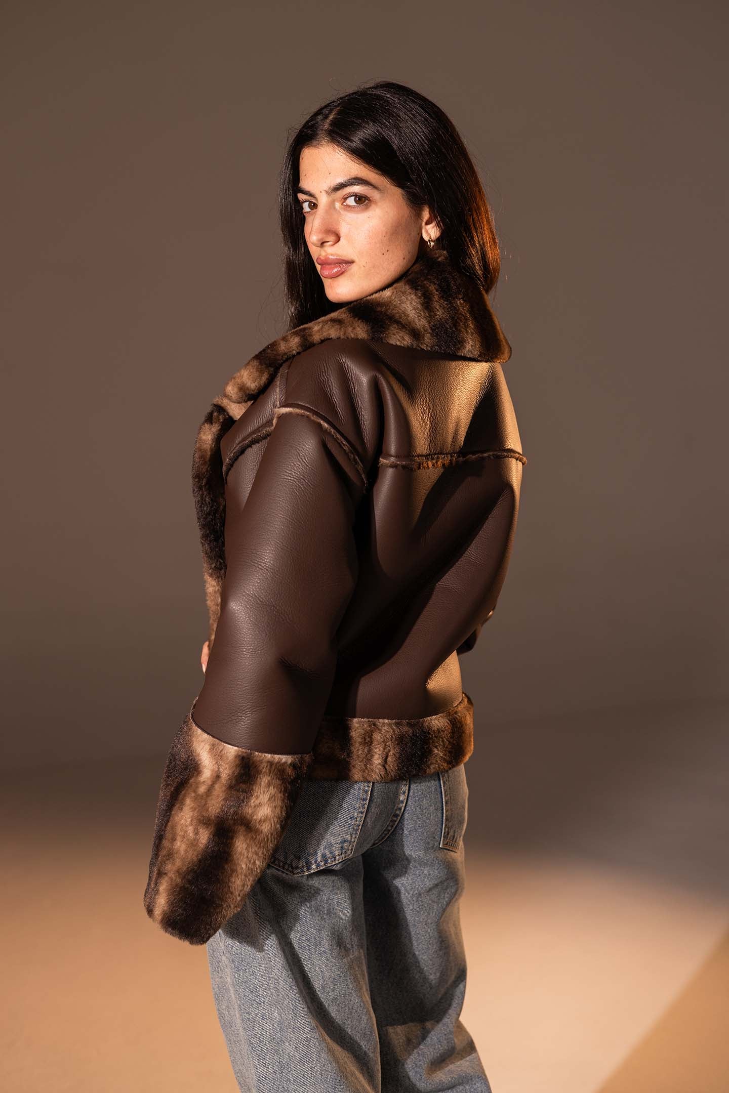 Brown Faux Leather Oversized Fur Jacket