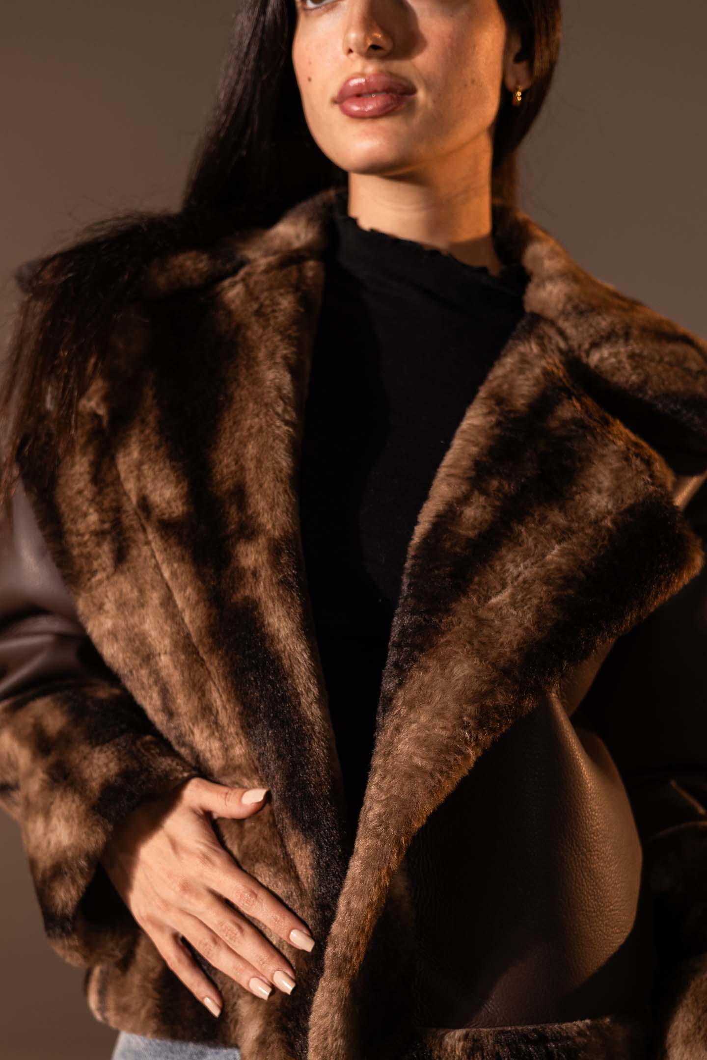 Brown Faux Leather Oversized Fur Jacket