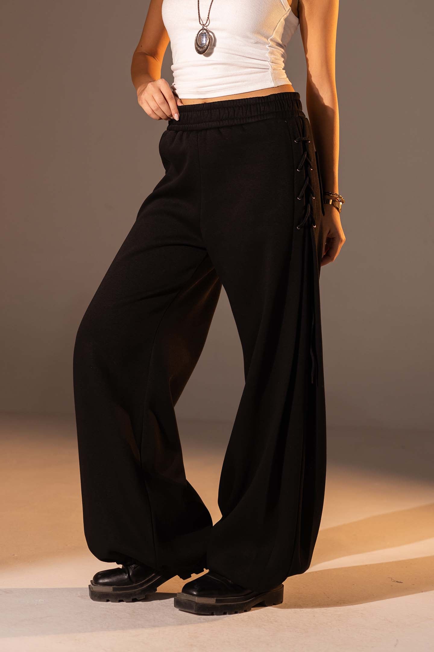 Black Melton Side Lace-Up Pants