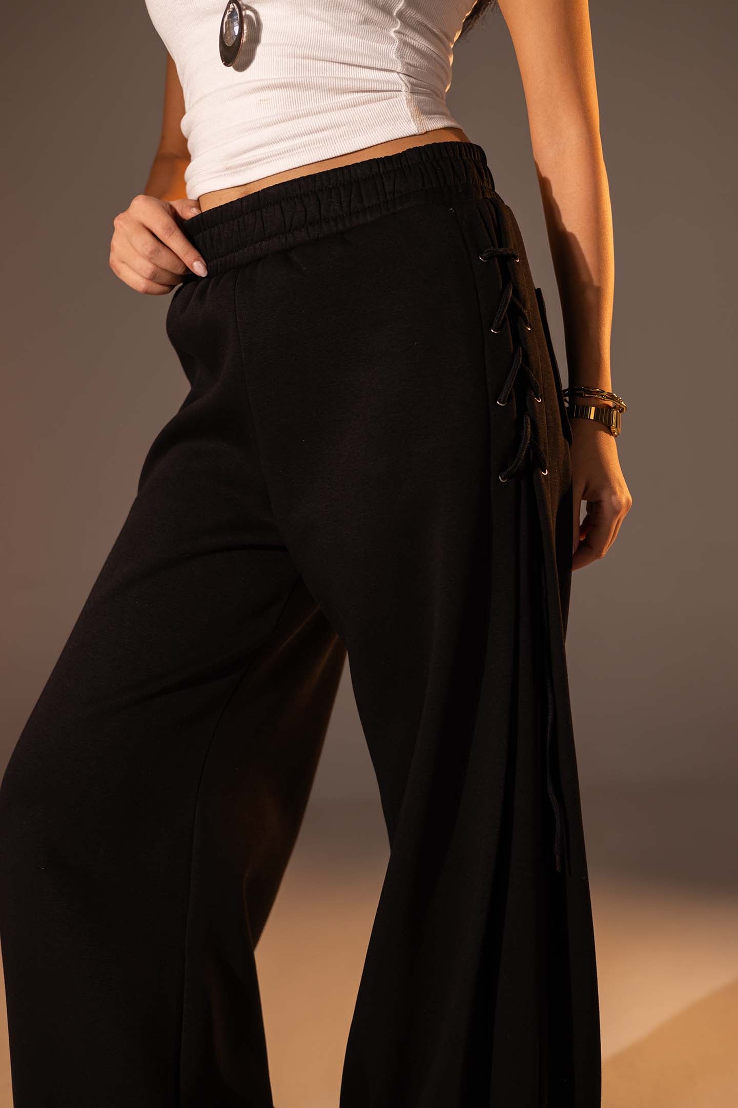 Black Melton Side Lace-Up Pants