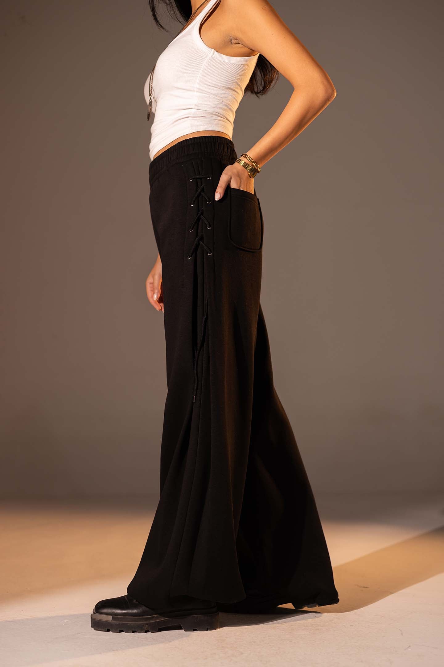 Black Melton Side Lace-Up Pants