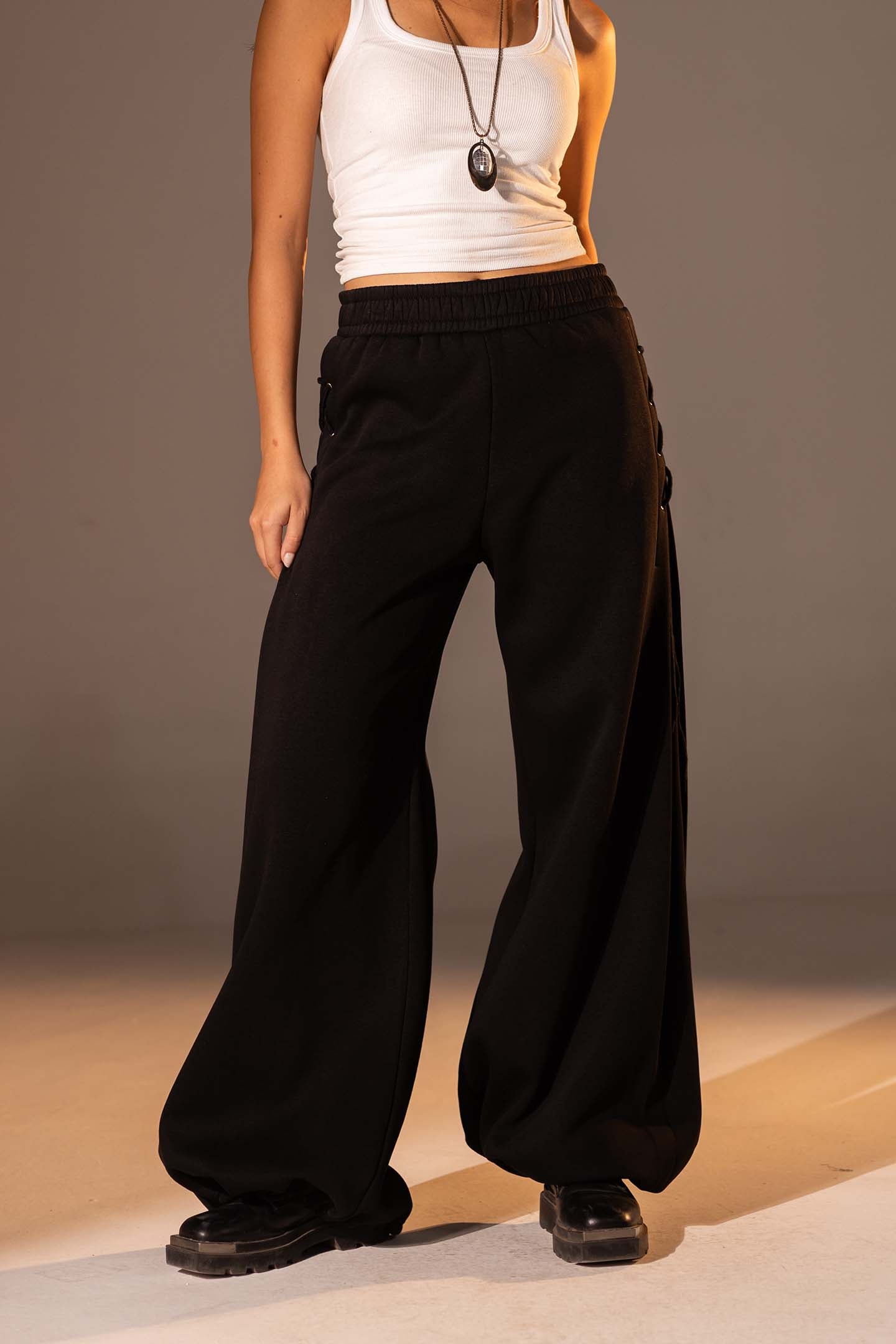 Black Melton Side Lace-Up Pants