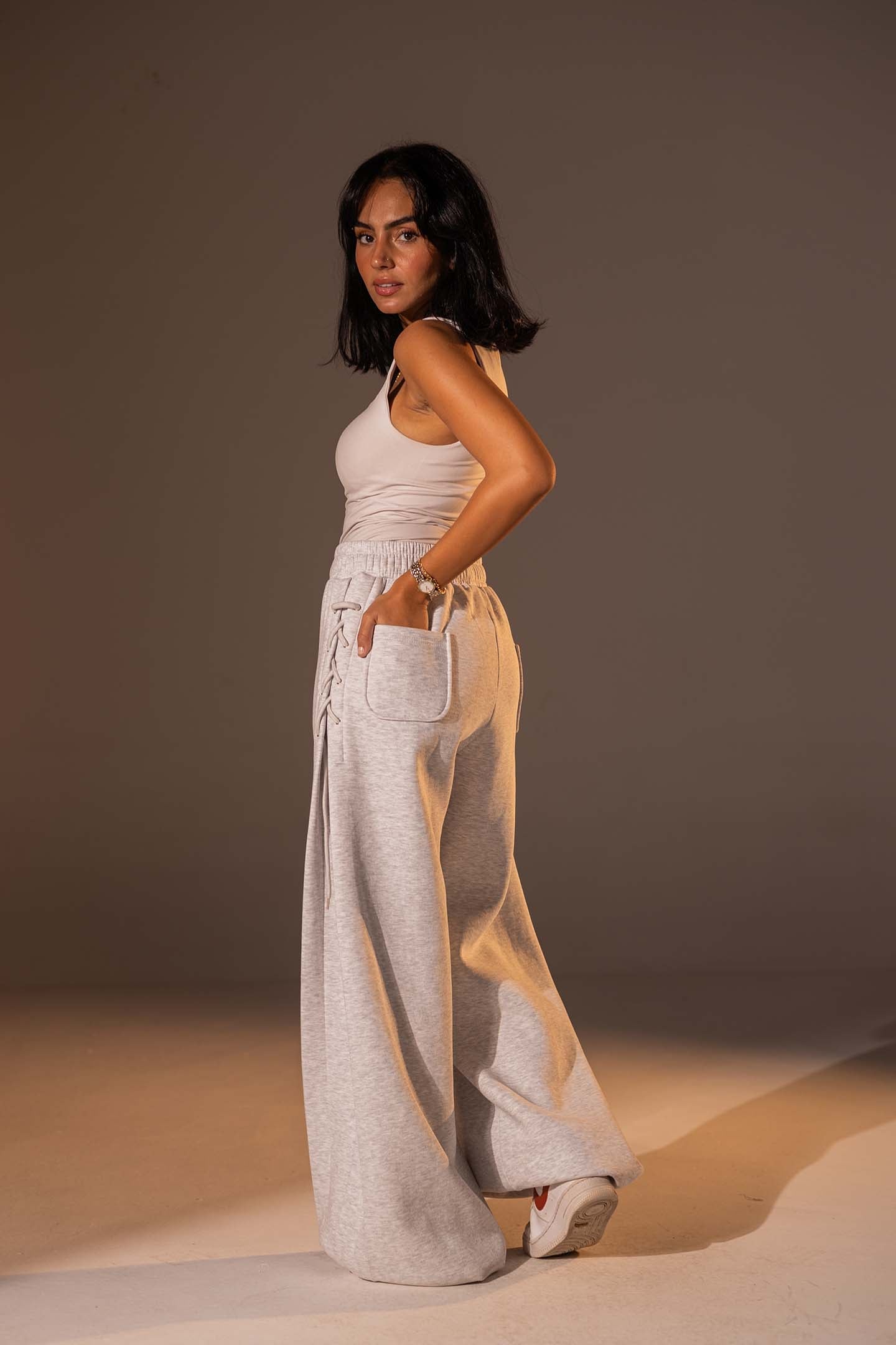 Light Grey Melton Side Lace-Up Pants