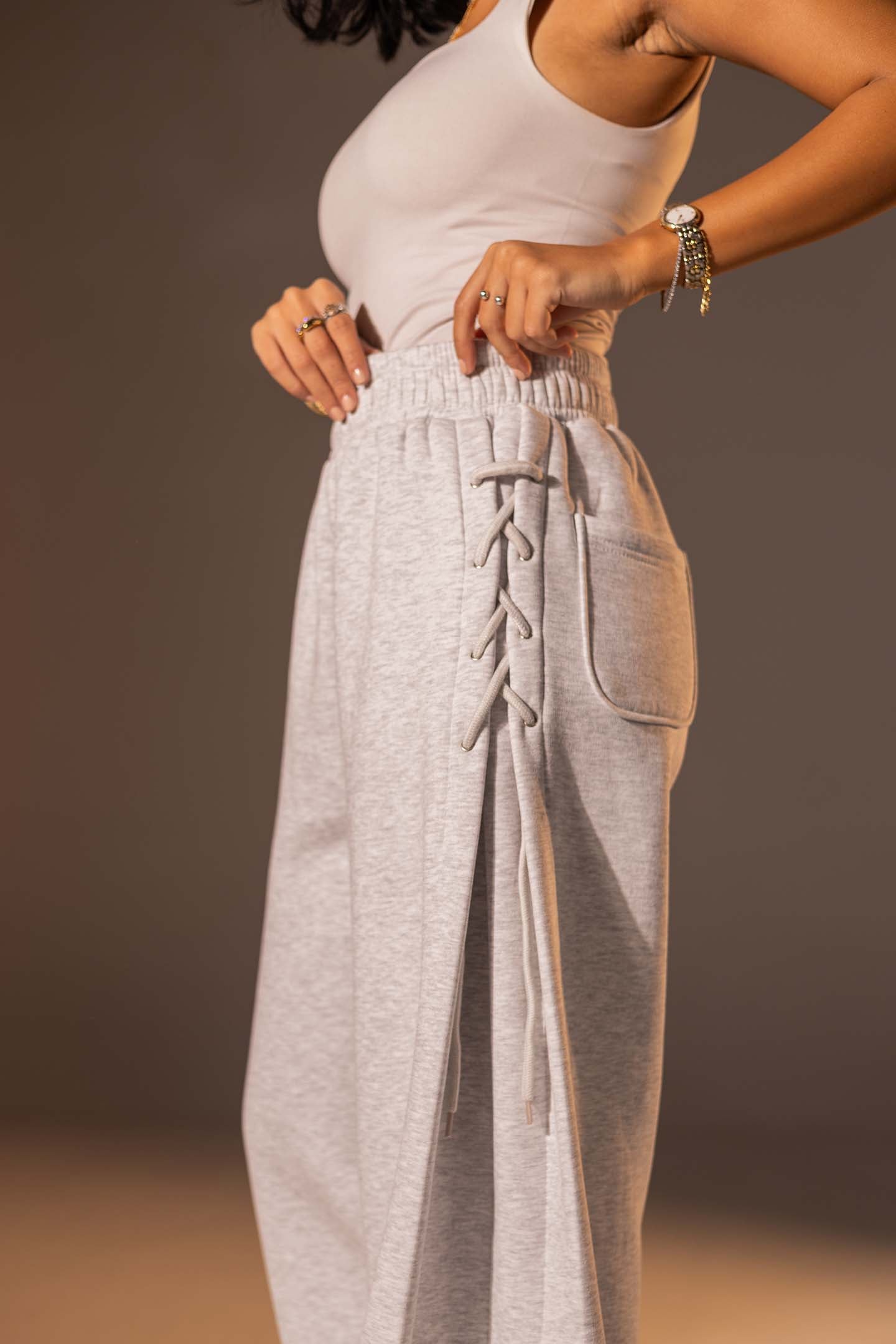 Light Grey Melton Side Lace-Up Pants