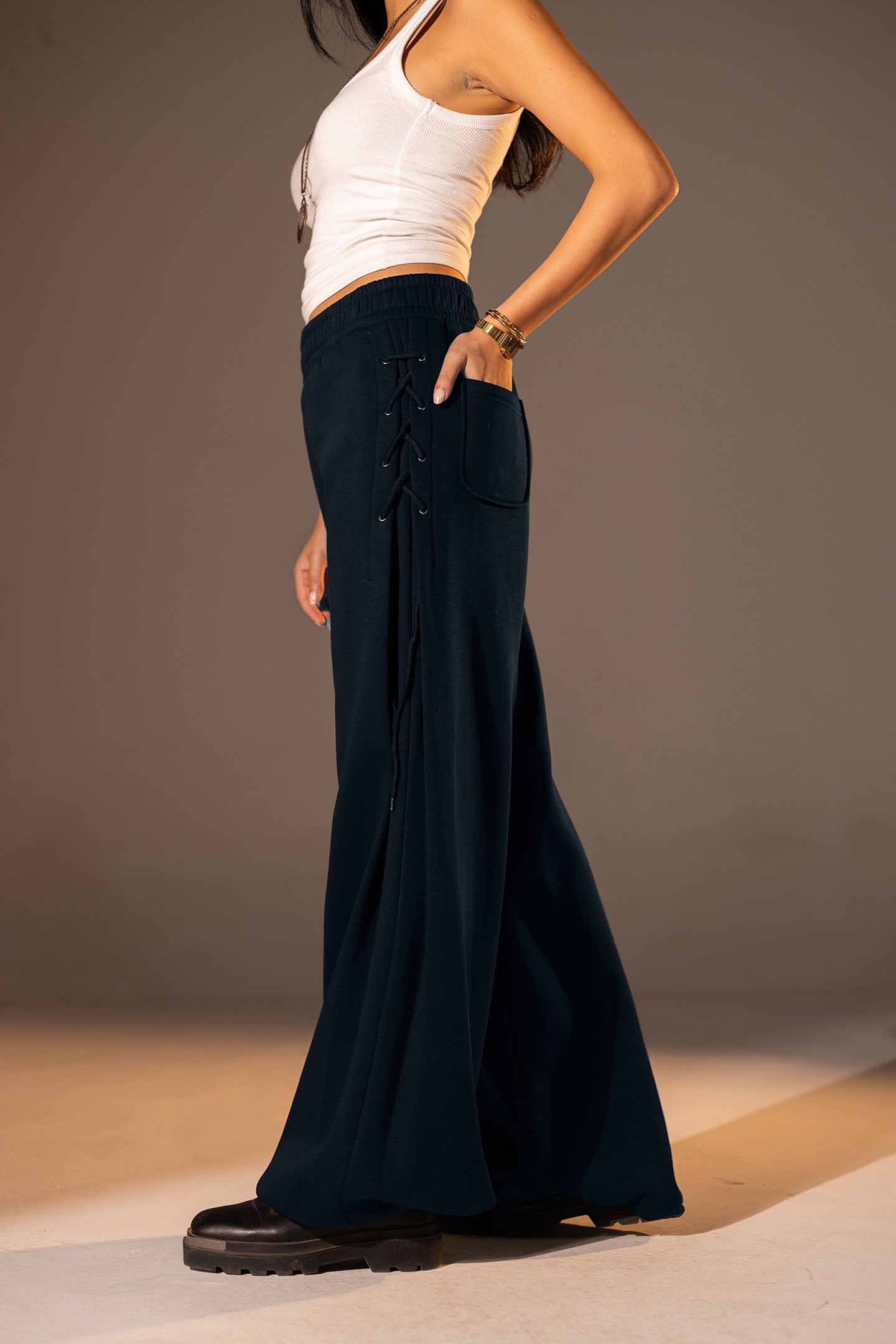 Navy Melton Side Lace-Up Pants