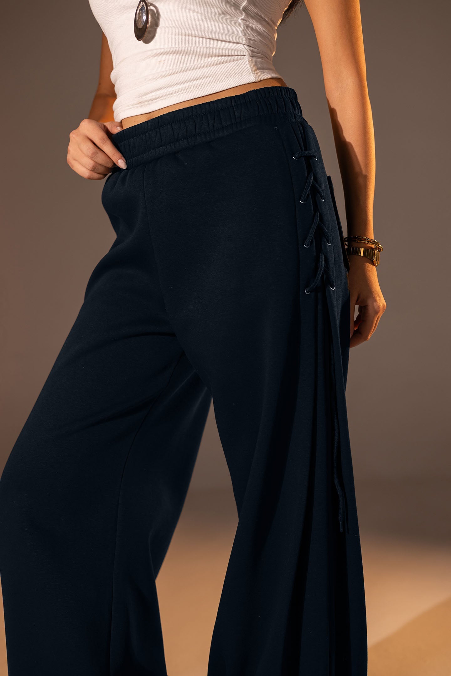 Navy Melton Side Lace-Up Pants