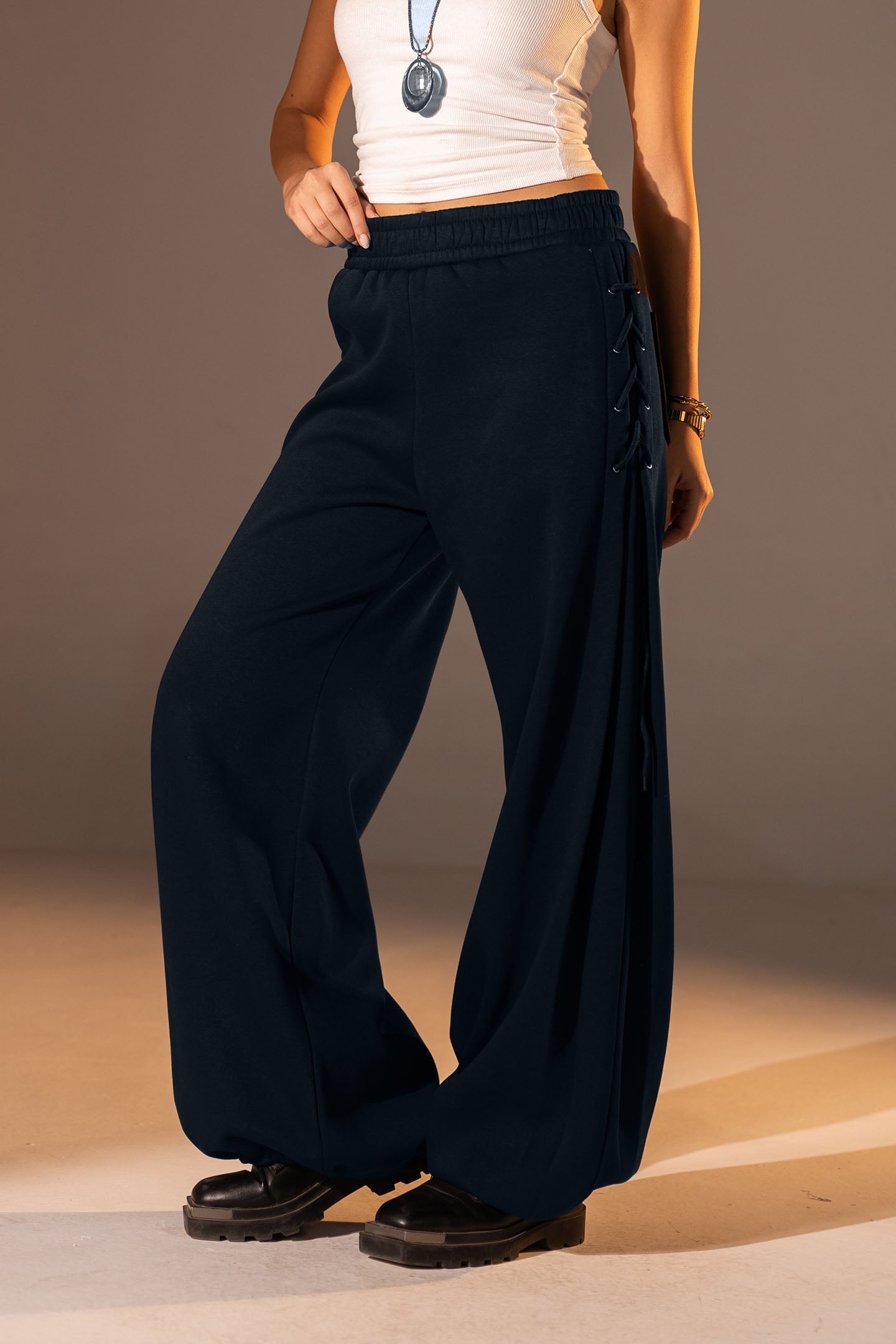Navy Melton Side Lace-Up Pants
