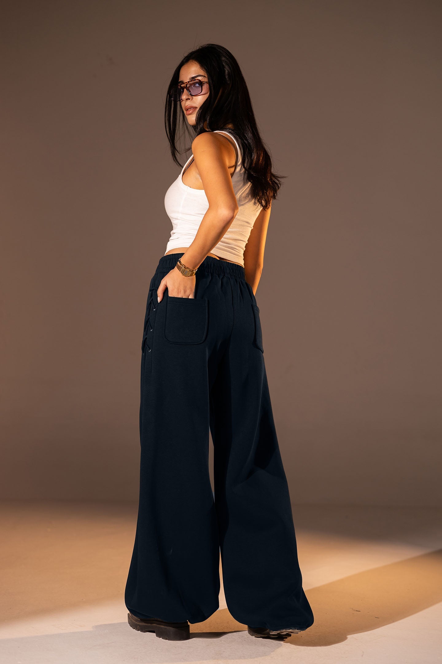 Navy Melton Side Lace-Up Pants