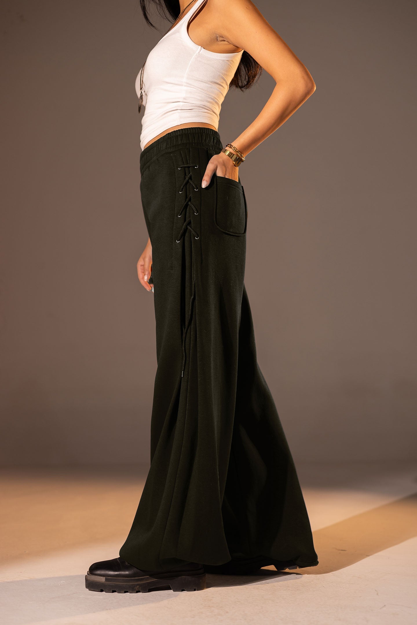 Olive Melton Side Lace-Up Pants