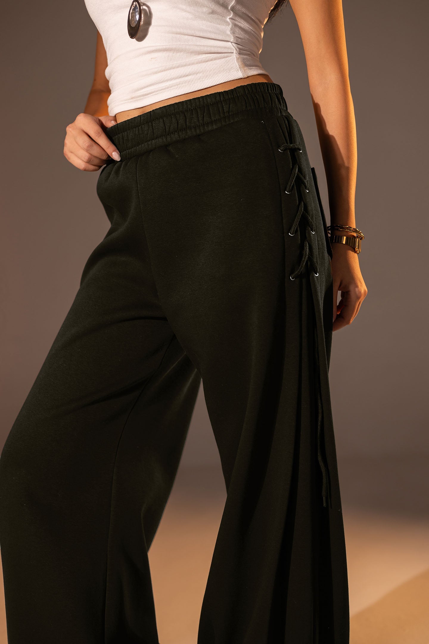 Olive Melton Side Lace-Up Pants