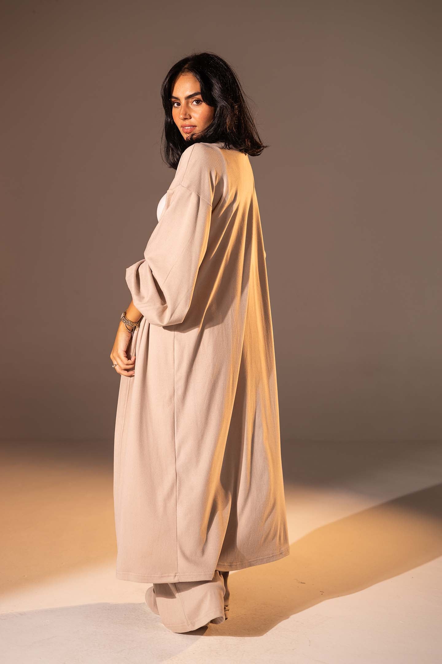 Beige Textured Long Cardigan