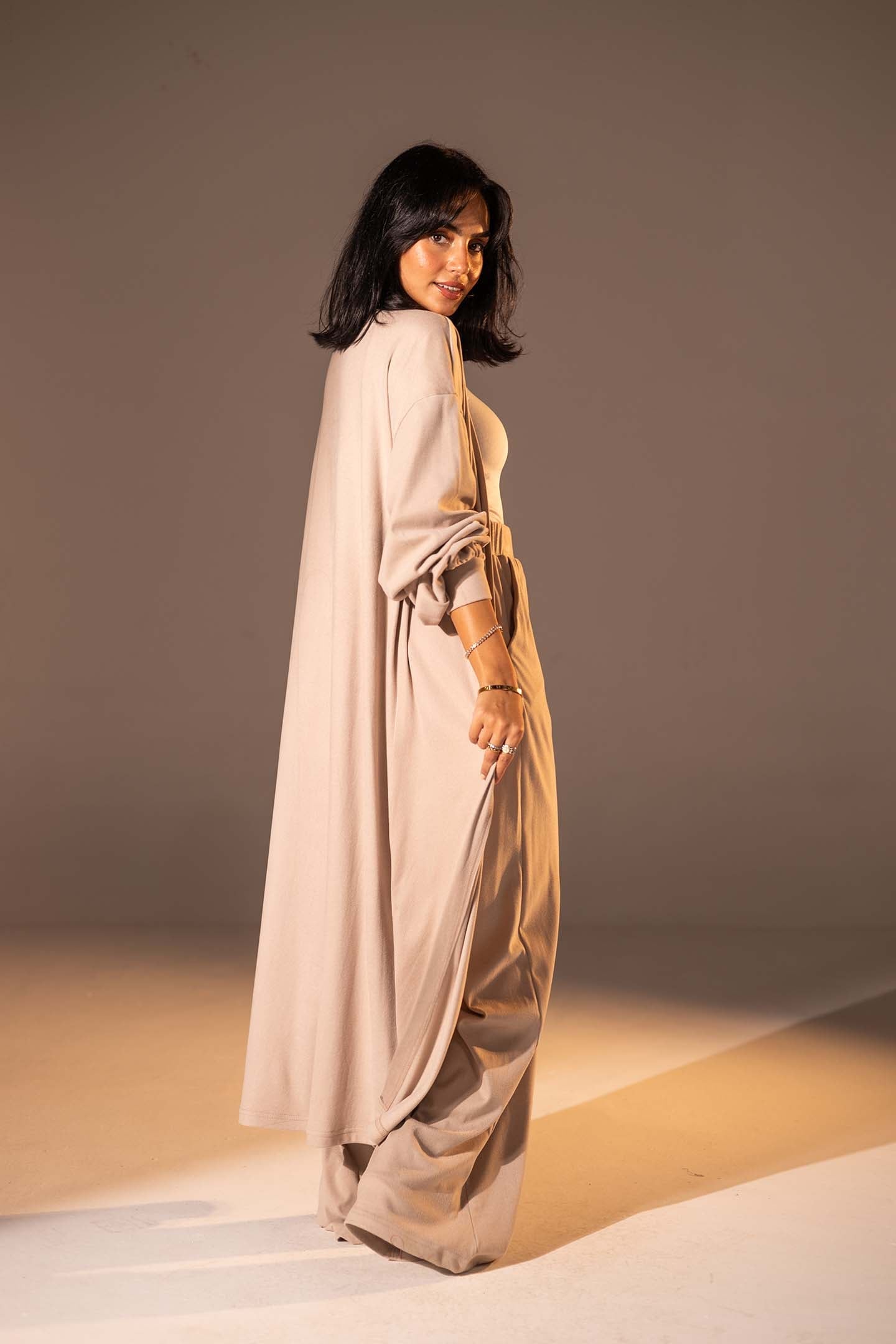 Beige Textured Long Cardigan