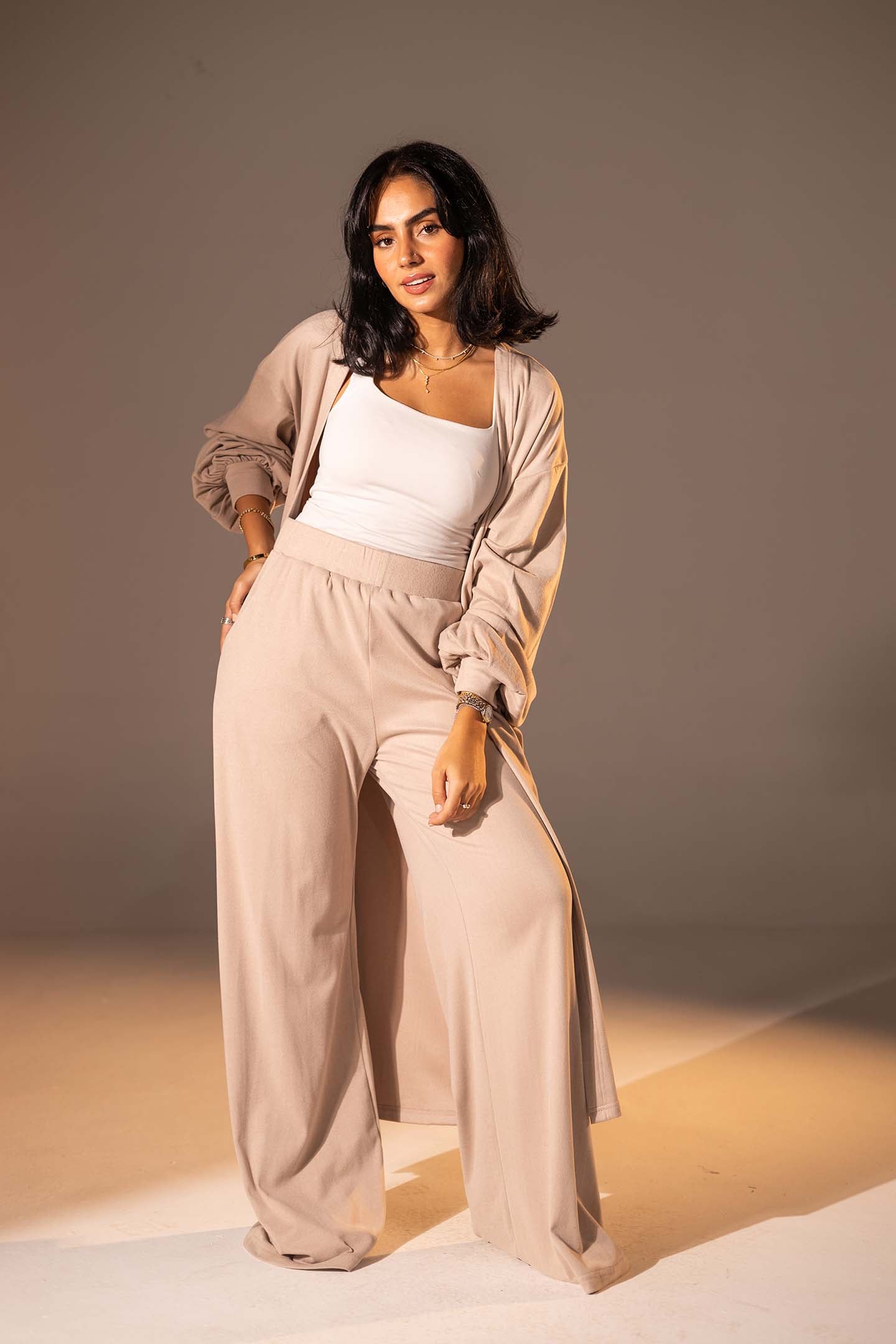 Beige Textured Long Cardigan