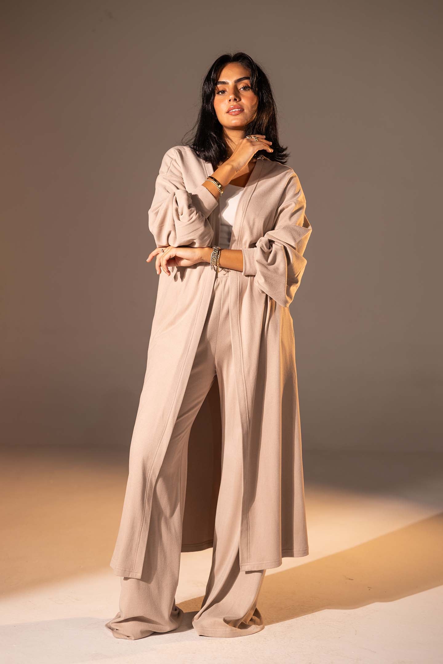 Beige Textured Long Cardigan