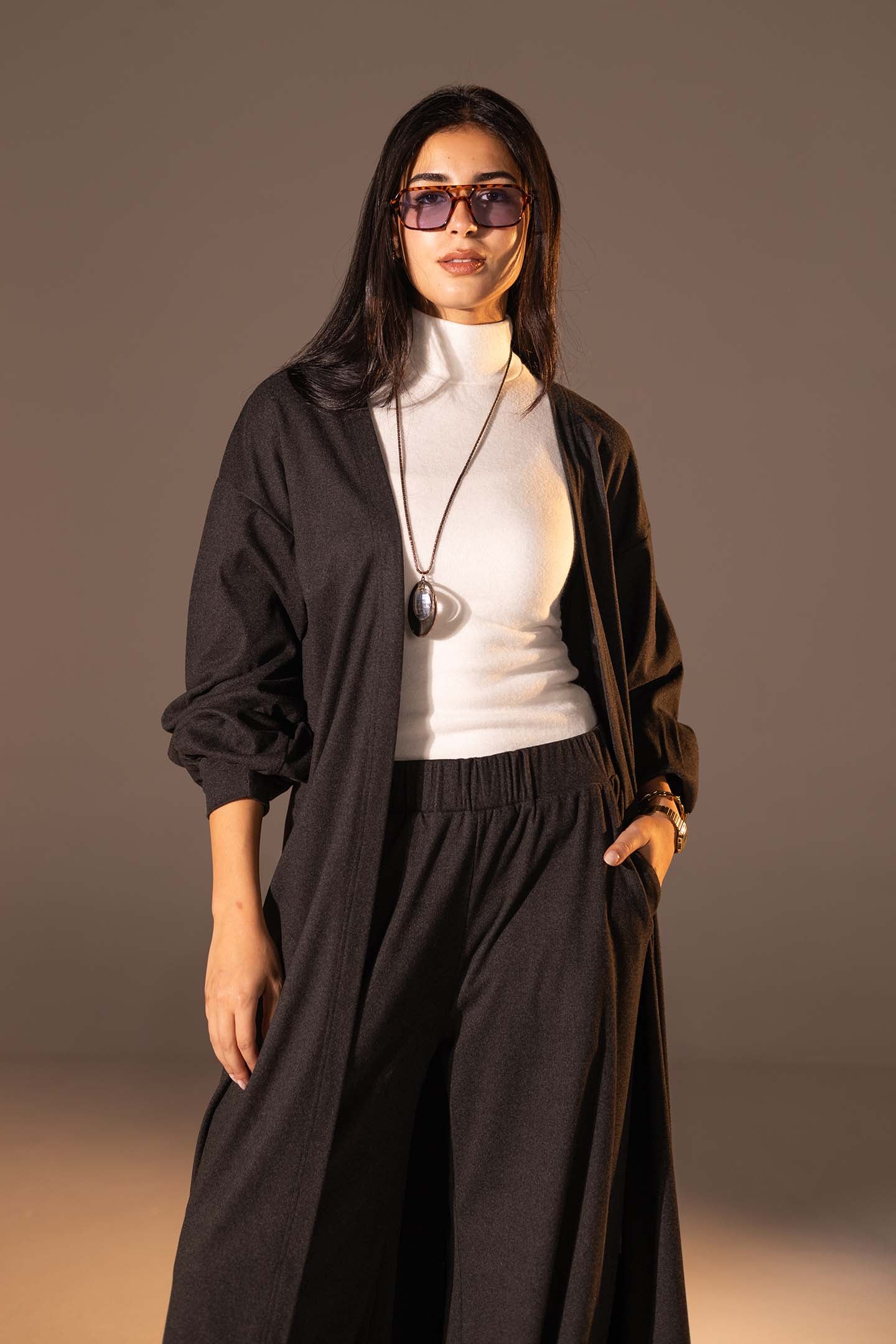 Black Textured Long cardigan