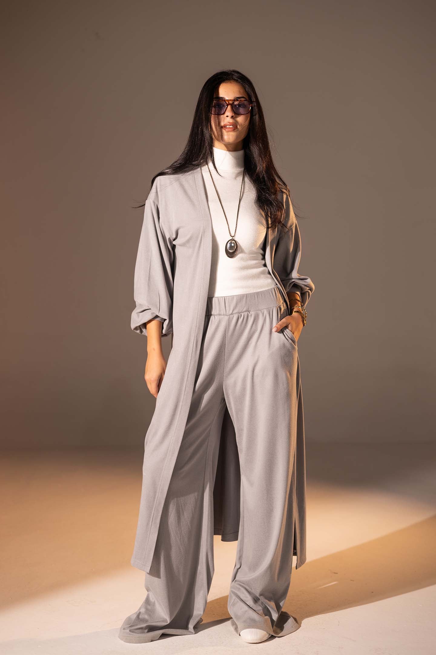 Grey Textured Long Cardigan