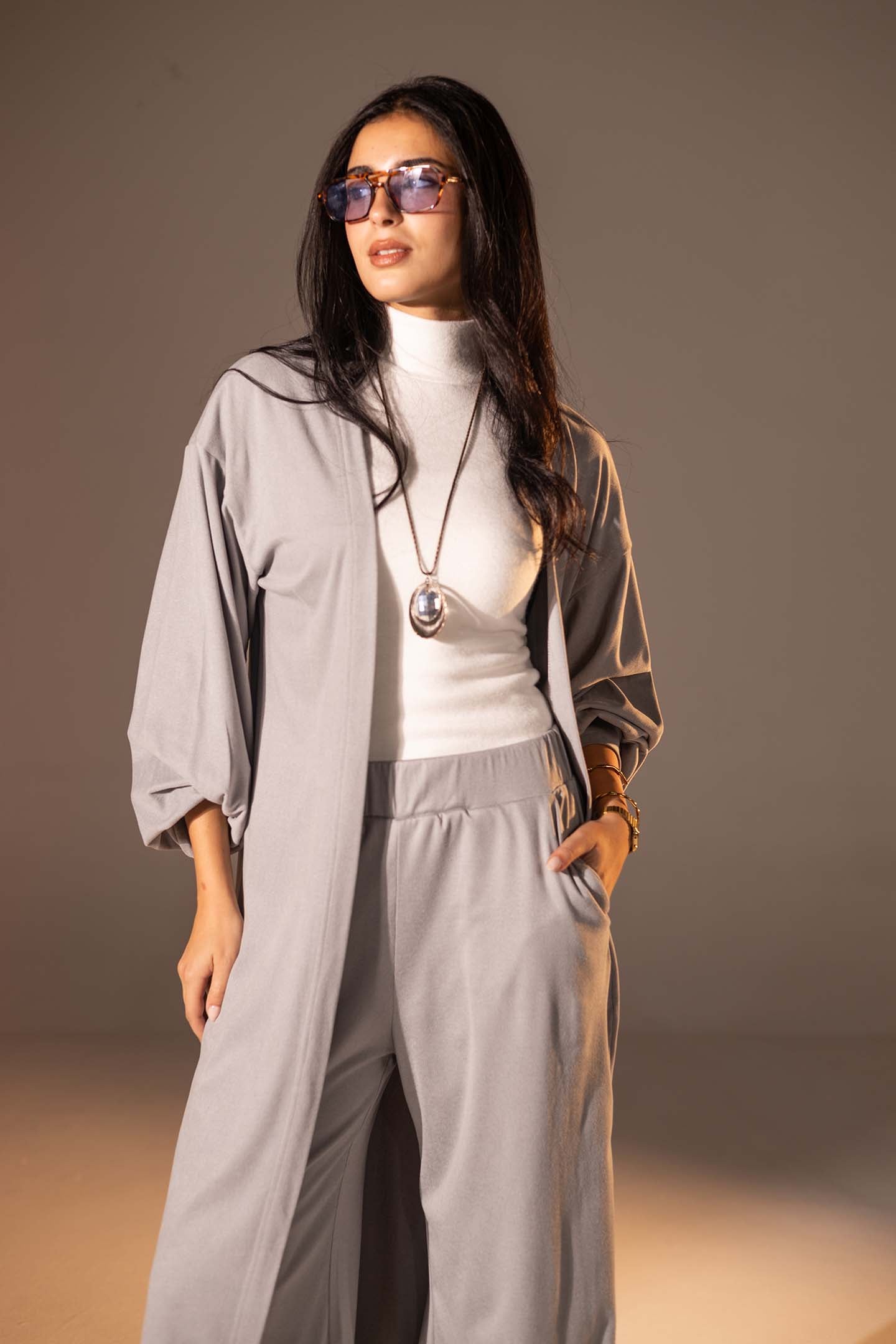 Grey Textured Long Cardigan