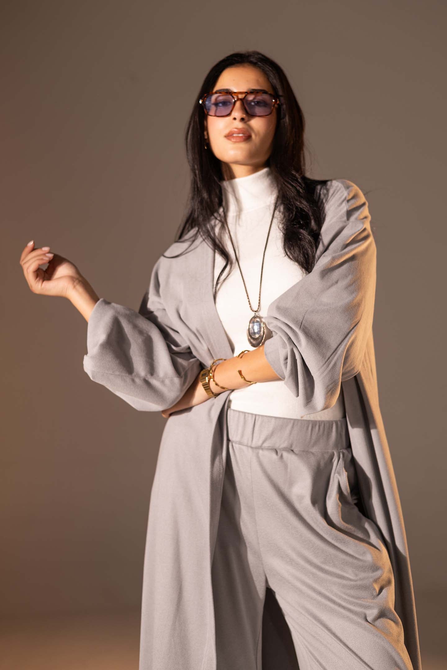 Grey Textured Long Cardigan